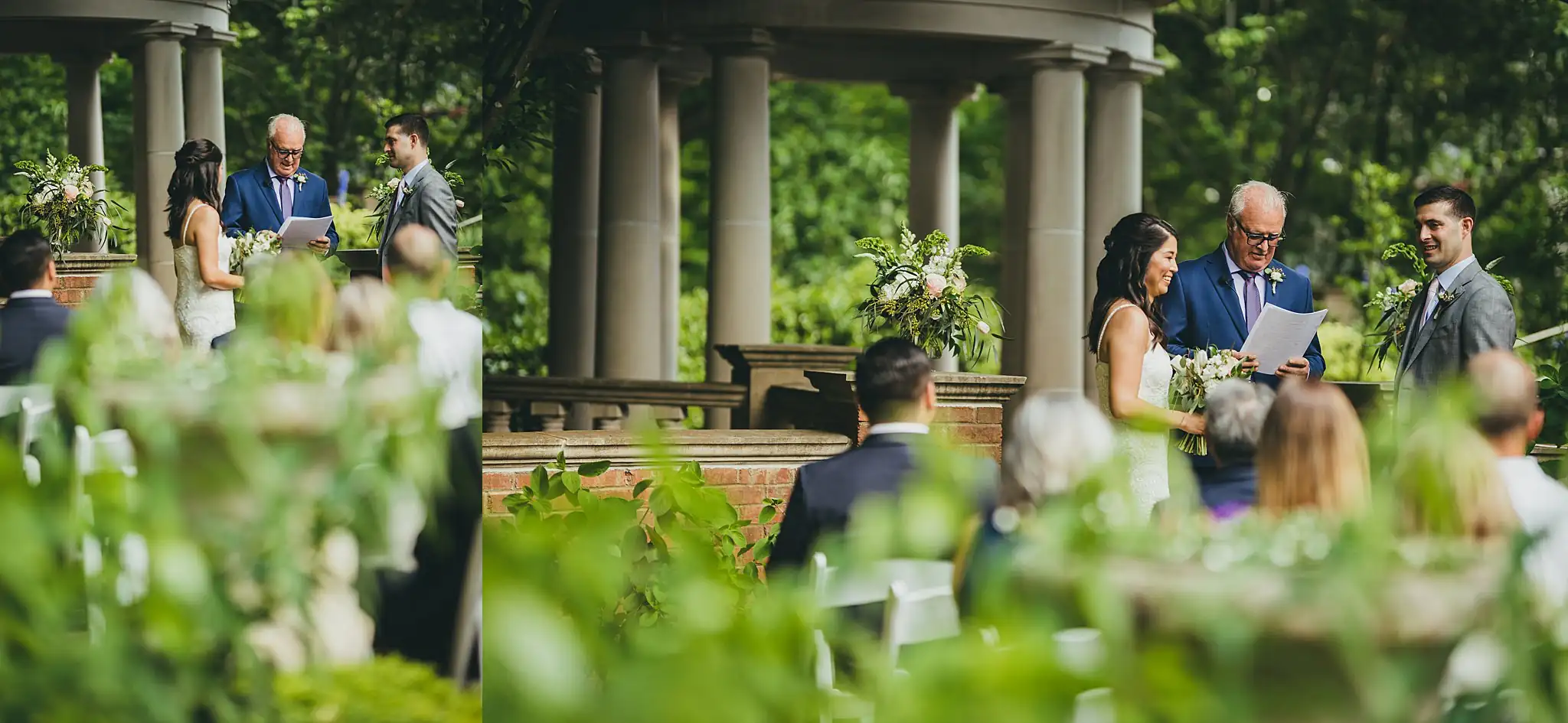 Wedding Ceremony: the ceremony seen between the columns, at their wedding at the Atlanta Botanical Garden in Atlanta, GA