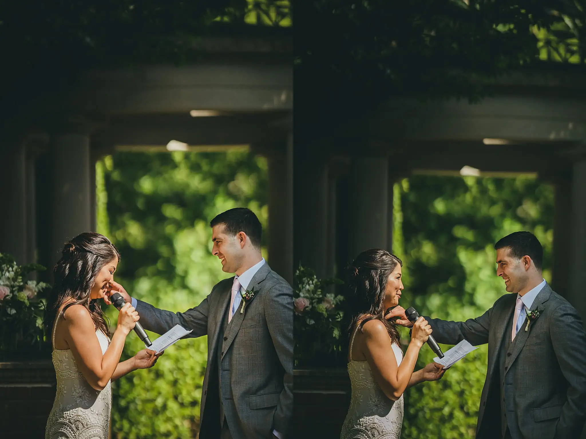 Wedding Ceremony: the couple exchanging vows, both emotional, at their wedding at the Atlanta Botanical Garden in Atlanta, GA