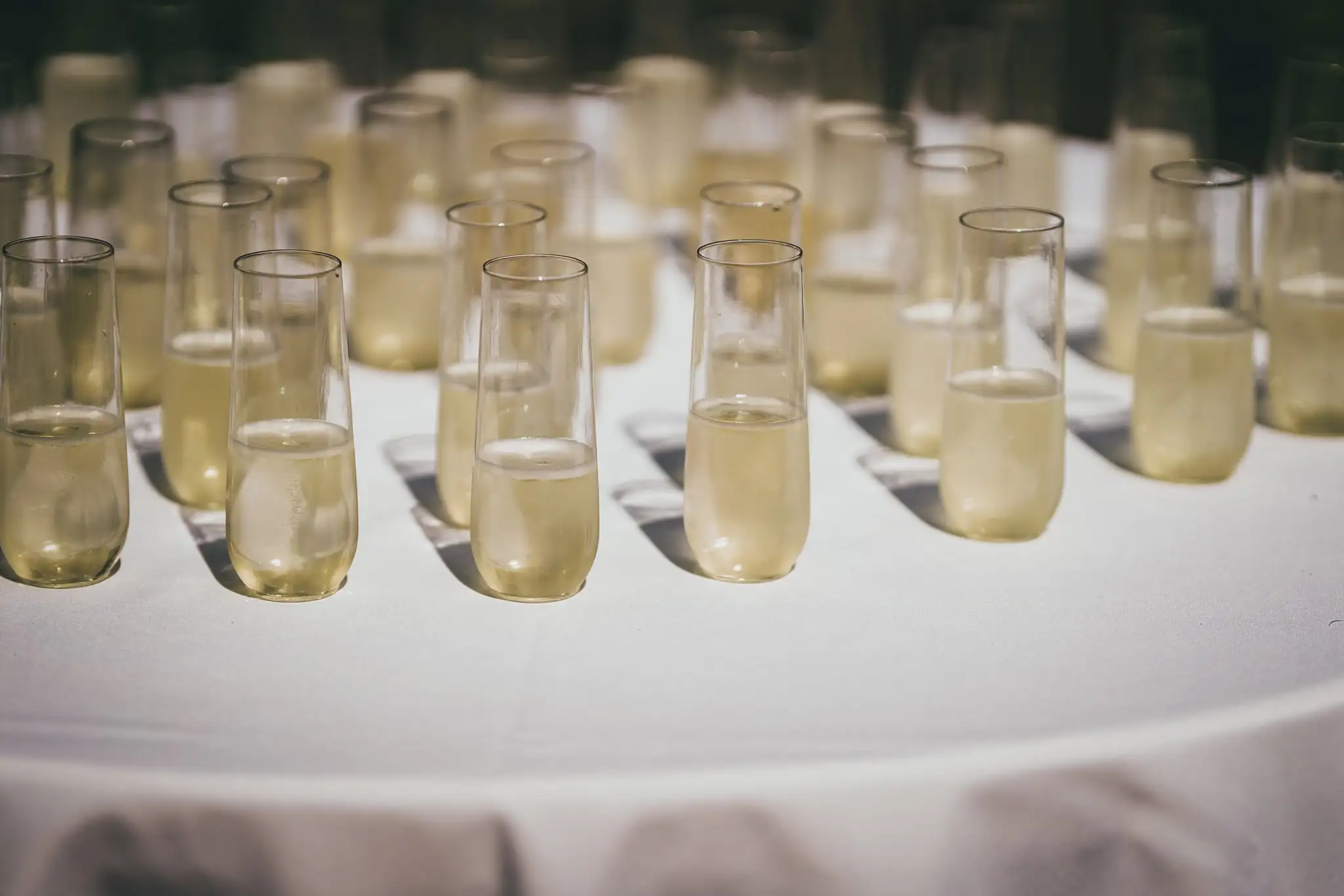 Reception Details: champagne flutes set out on a round table, at their wedding at the Atlanta Botanical Garden in Atlanta, GA