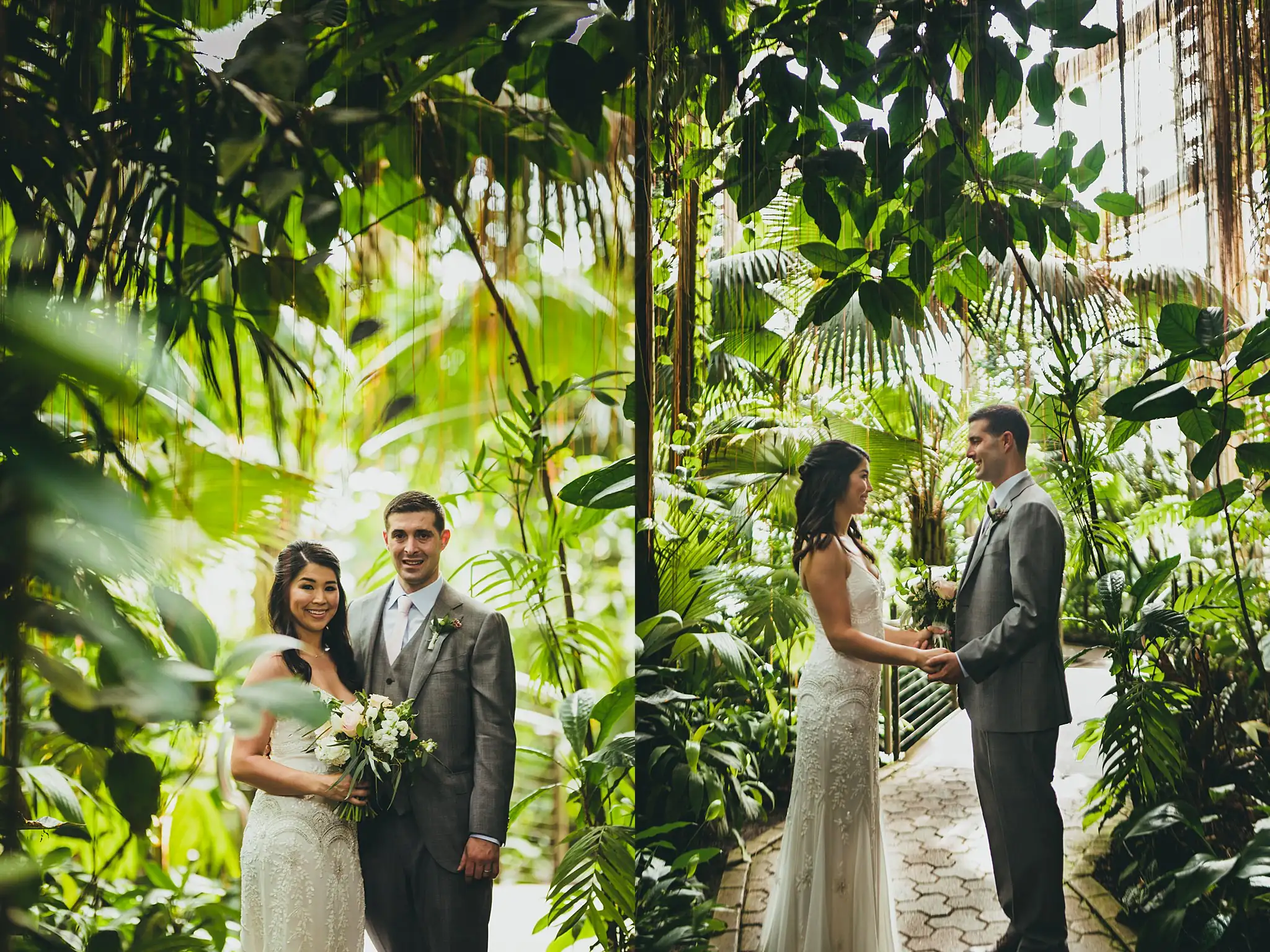 Wedding Formals: the couple in the tropical conservatory, at their wedding at the Atlanta Botanical Garden in Atlanta, GA
