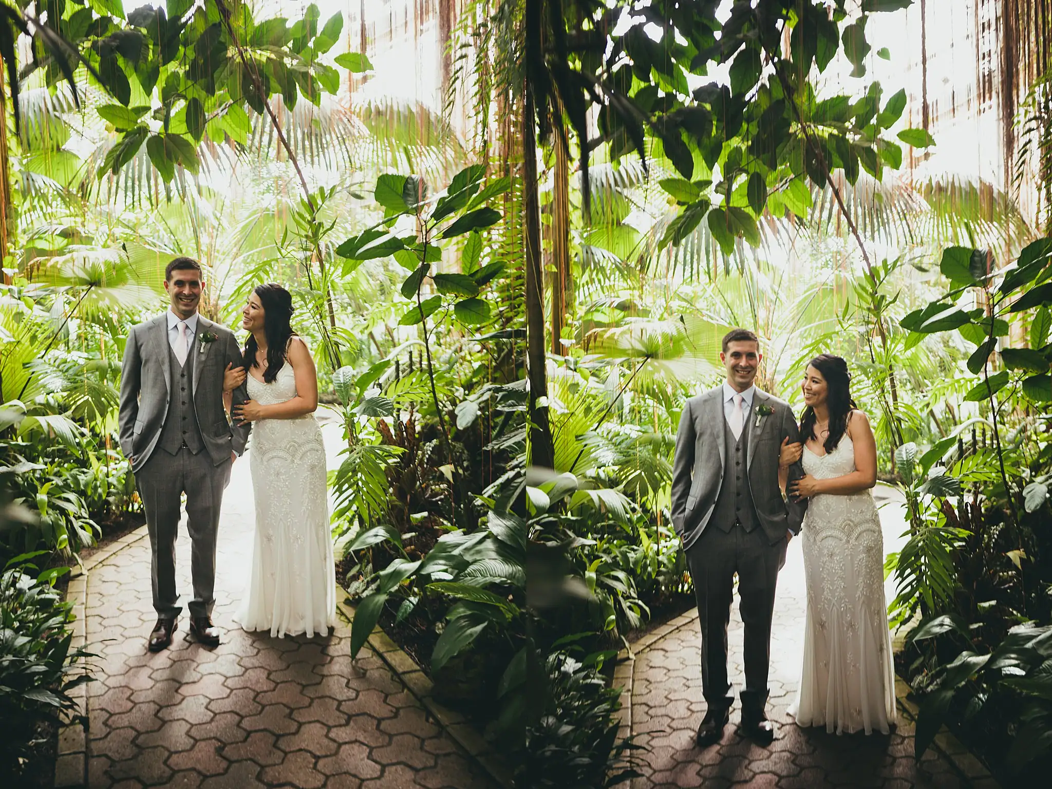 Wedding Formals: the couple on the conservatory path among palms, at their wedding at the Atlanta Botanical Garden in Atlanta, GA