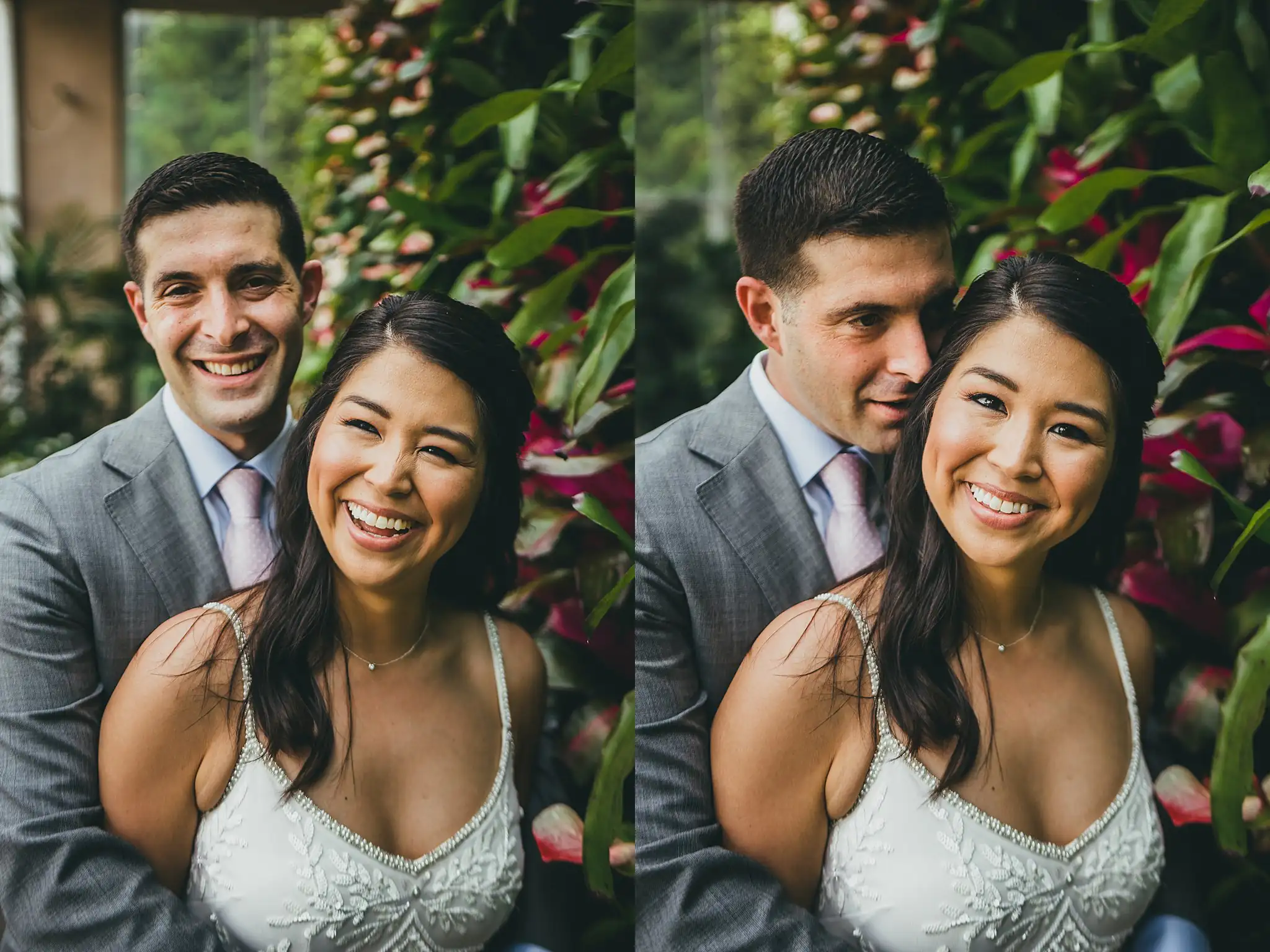Wedding Formals: the couple laughing among the red foliage, at their wedding at the Atlanta Botanical Garden in Atlanta, GA