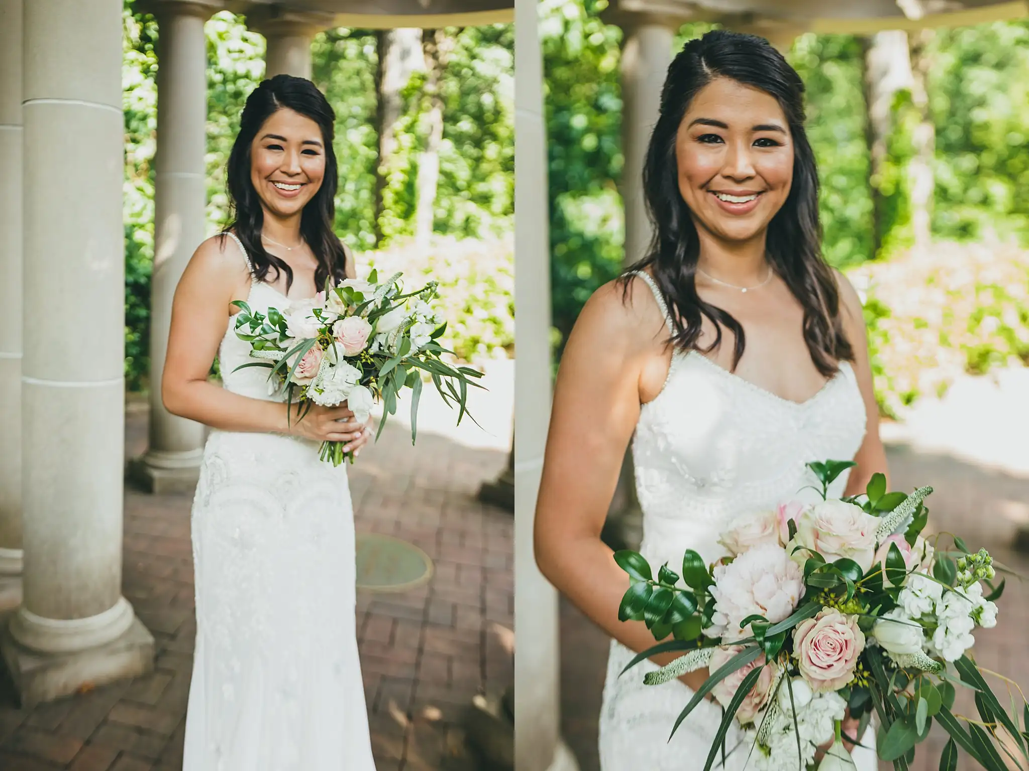 Bridal Portraits: the bride with her bouquet by the columns, at their wedding at the Atlanta Botanical Garden in Atlanta, GA