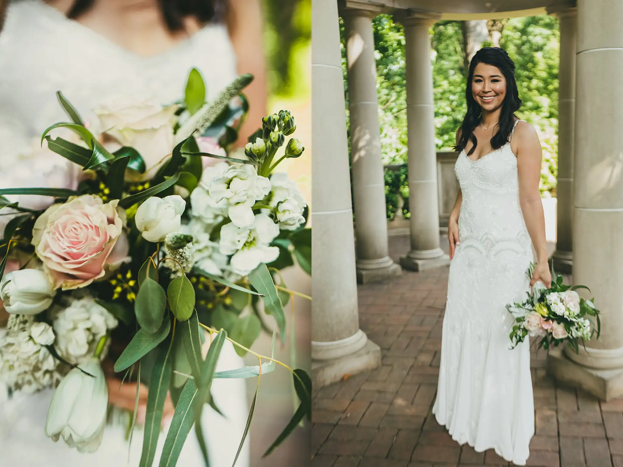 Bridal Portraits: the blush rose bouquet, and the bride full length, at their wedding at the Atlanta Botanical Garden in Atlanta, GA