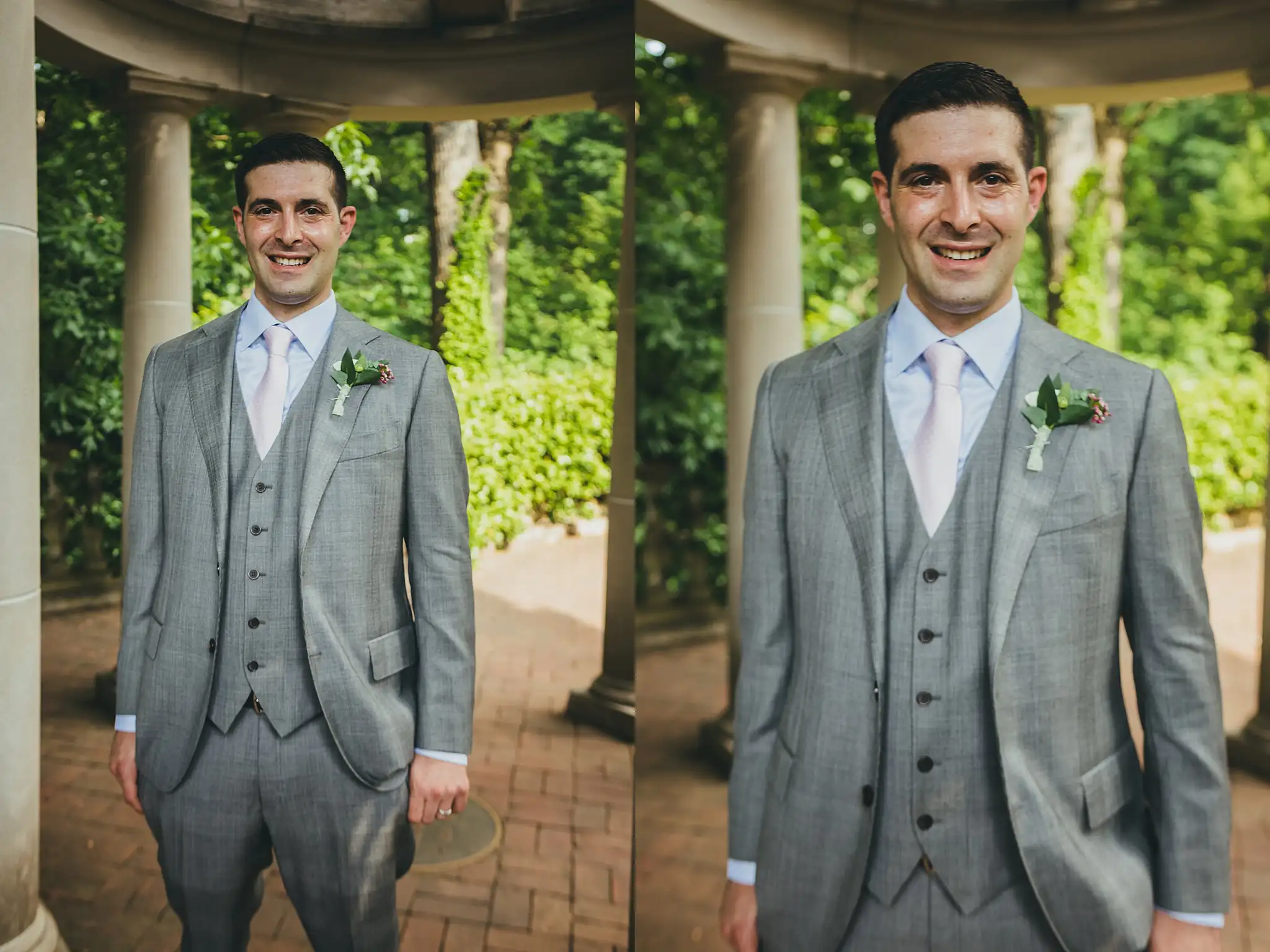 Wedding Formals: the groom by the colonnade, at their wedding at the Atlanta Botanical Garden in Atlanta, GA