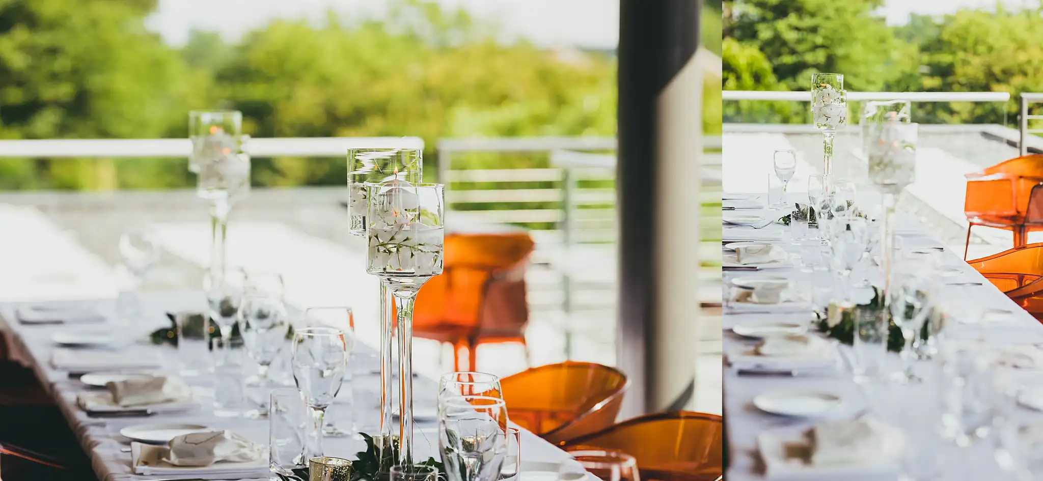 Reception Details: the table under the pavilion, orange chairs, at their wedding at the Atlanta Botanical Garden in Atlanta, GA