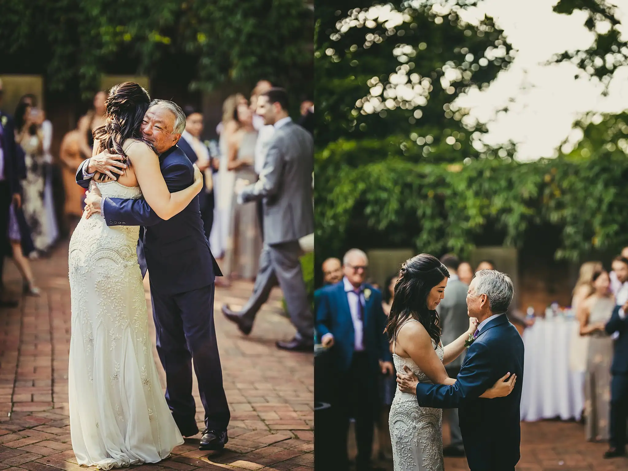 Parent Dance: the bride hugging her father, and dancing, at their wedding at the Atlanta Botanical Garden in Atlanta, GA