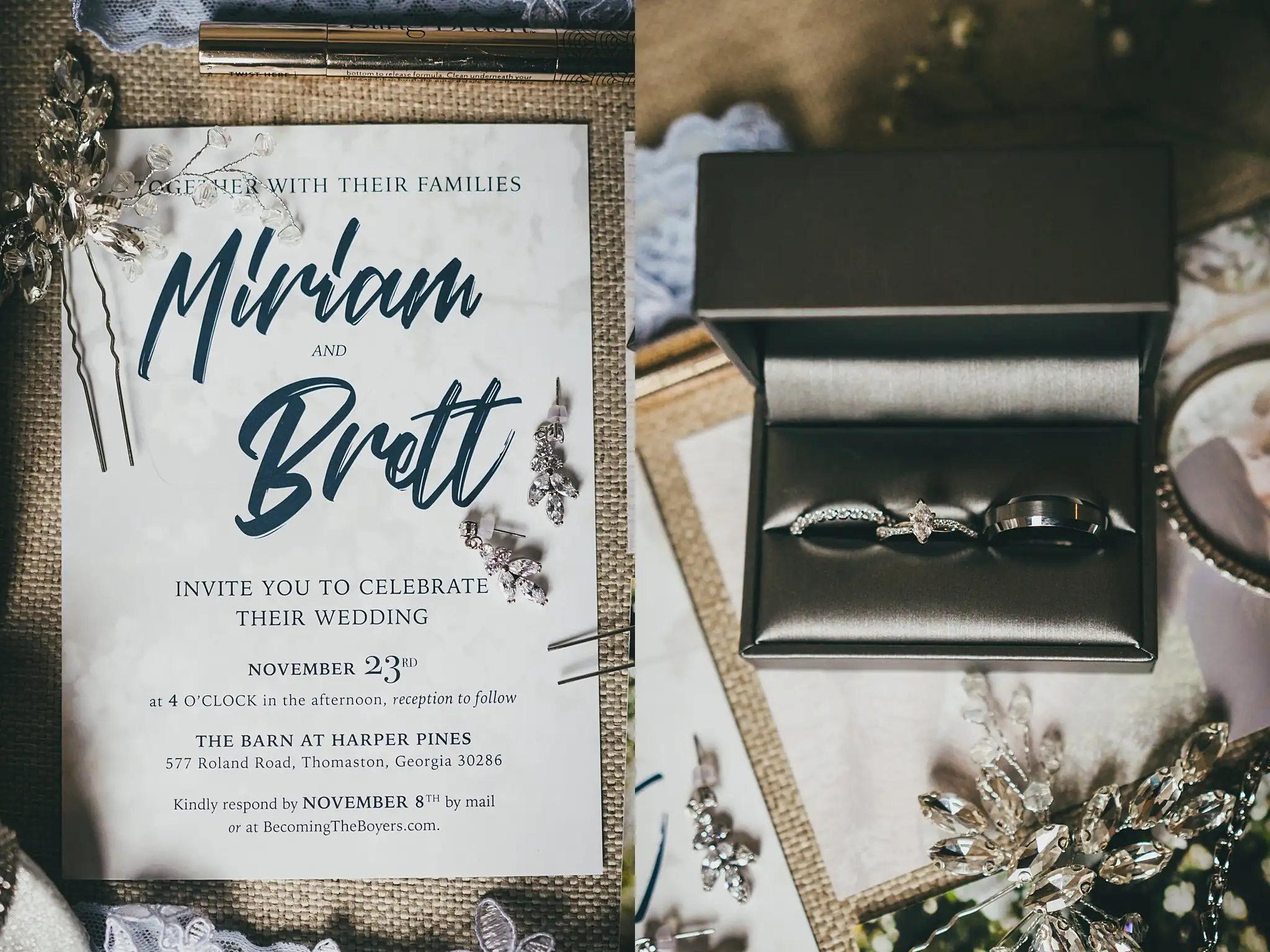 Barn at Harper Pines Wedding Thomaston, GA Atlanta Wedding Photographers Wedding Details: the invitation suite with the wedding bands in their box, at a wedding at the Barn at Harper Pines in Thomaston, GA