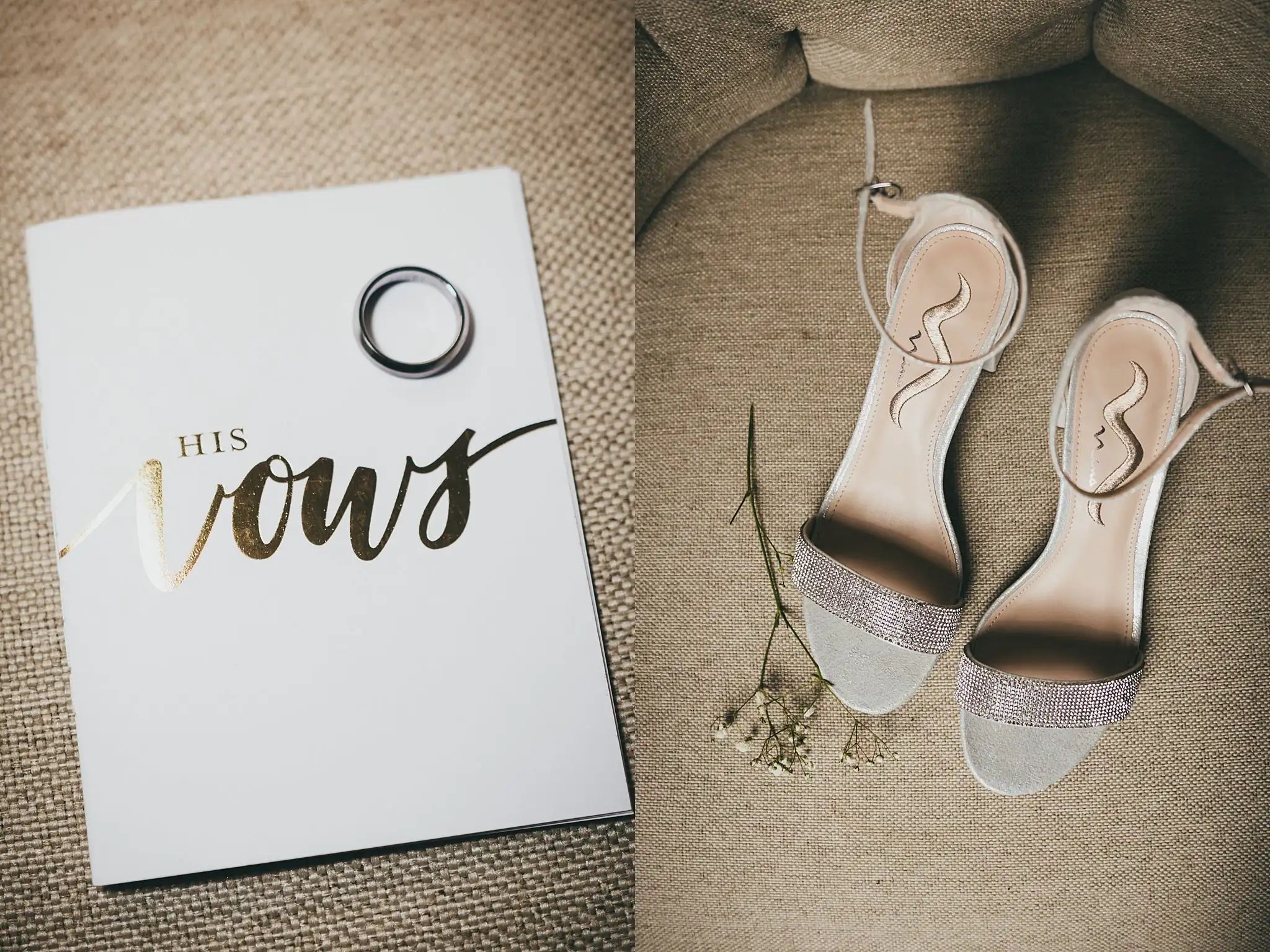 Barn at Harper Pines Wedding Thomaston, GA Atlanta Wedding Photographers Wedding Details: the groom's vow book beside the bride's shoes, at a wedding at the Barn at Harper Pines in Thomaston, GA