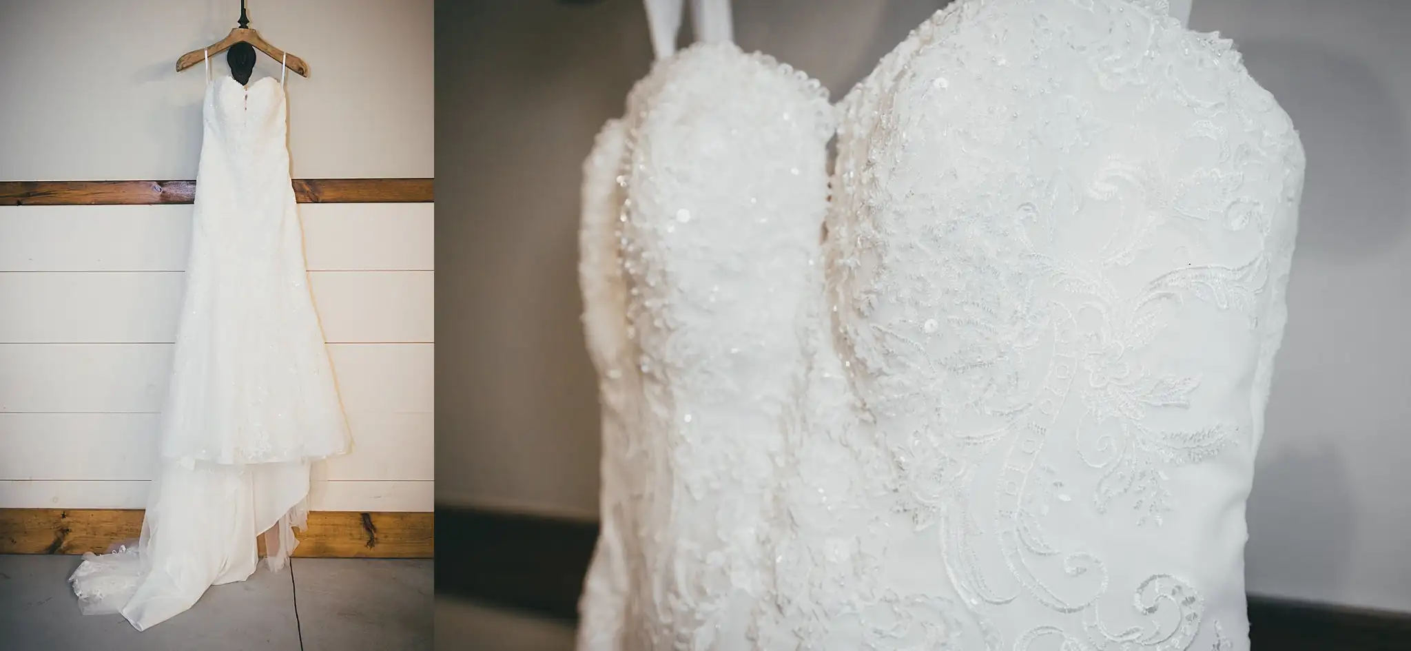 Barn at Harper Pines Wedding Thomaston, GA Atlanta Wedding Photographers Wedding Details: the gown on its hanger and its beaded bodice, at a wedding at the Barn at Harper Pines in Thomaston, GA