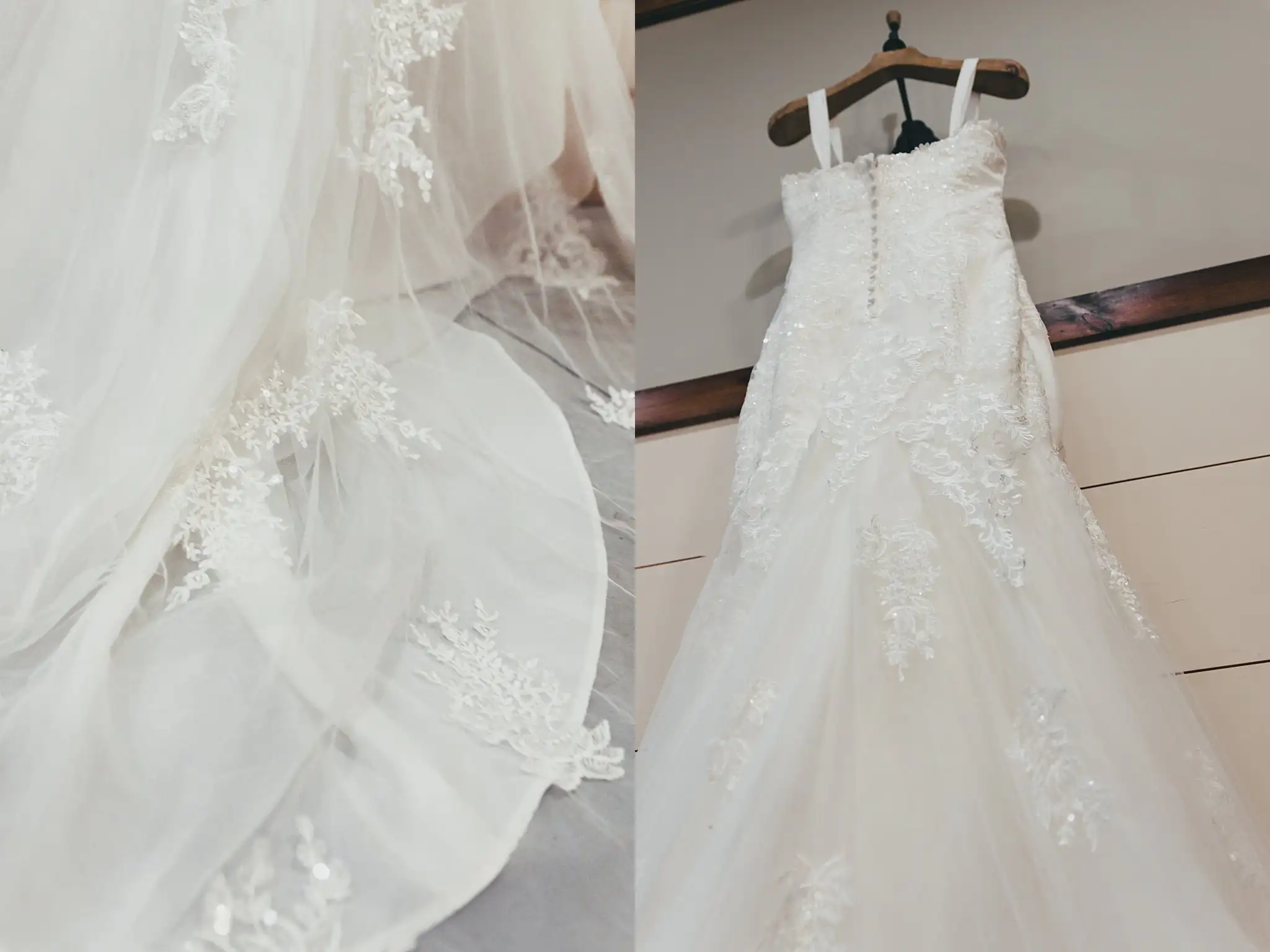 Barn at Harper Pines Wedding Thomaston, GA Atlanta Wedding Photographers Wedding Details: the lace gown and veil hanging together, at a wedding at the Barn at Harper Pines in Thomaston, GA