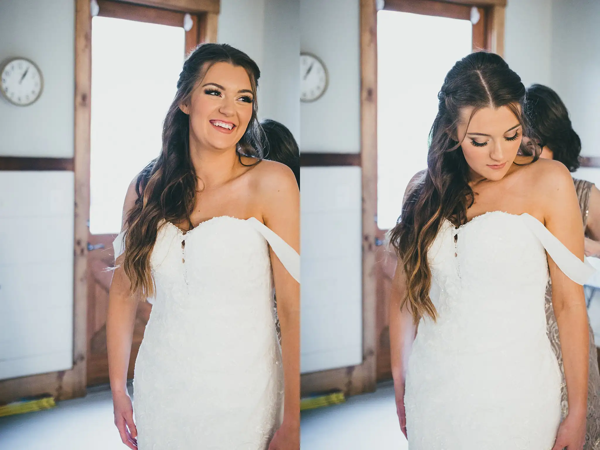 Barn at Harper Pines Wedding Thomaston, GA Atlanta Wedding Photographers Getting Ready: the bride in her gown by the window, before their wedding at the Barn at Harper Pines in Thomaston, GA