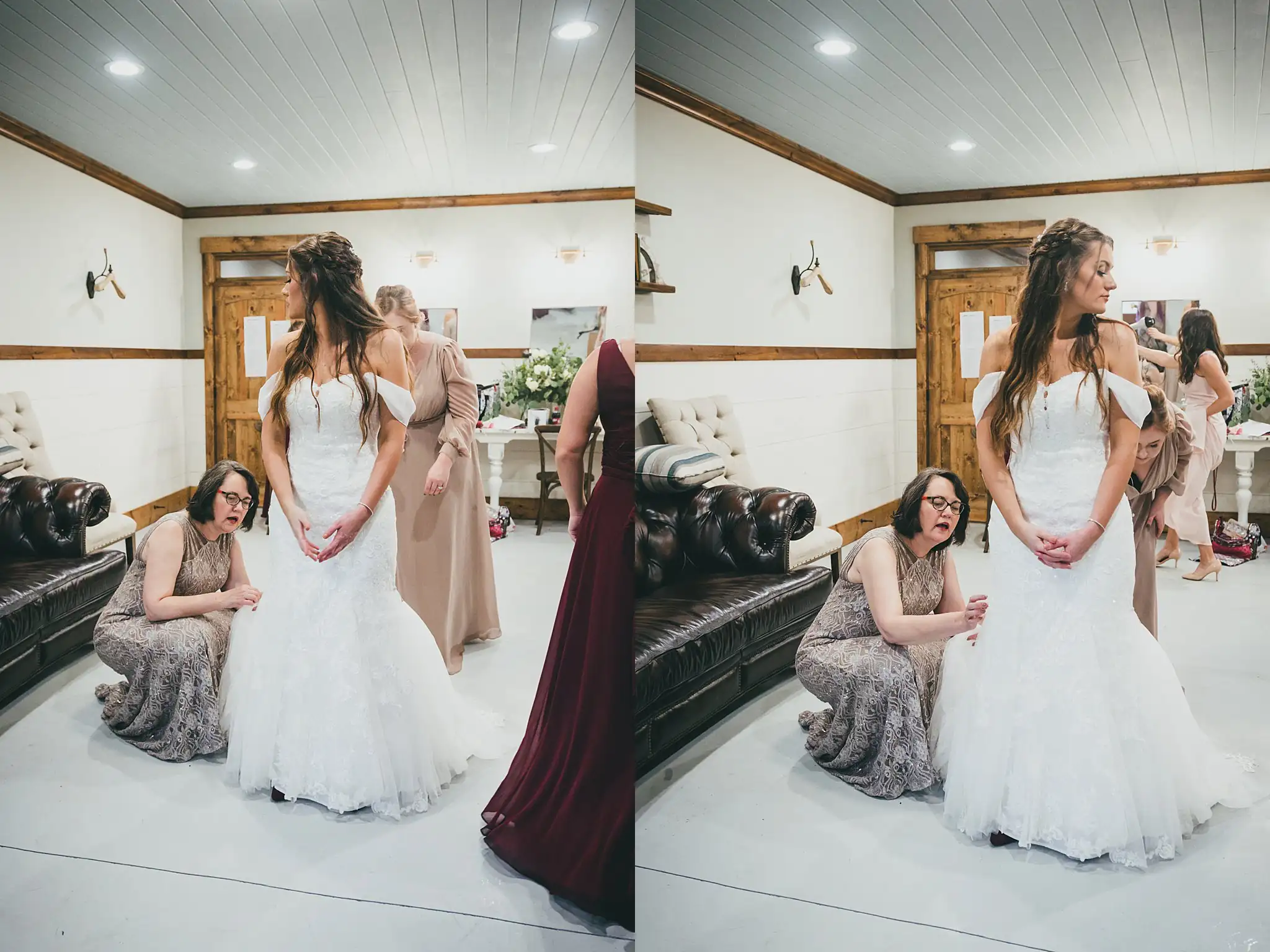 Barn at Harper Pines Wedding Thomaston, GA Atlanta Wedding Photographers Getting Ready: bridesmaids arranging the bride's train, before their wedding at the Barn at Harper Pines in Thomaston, GA