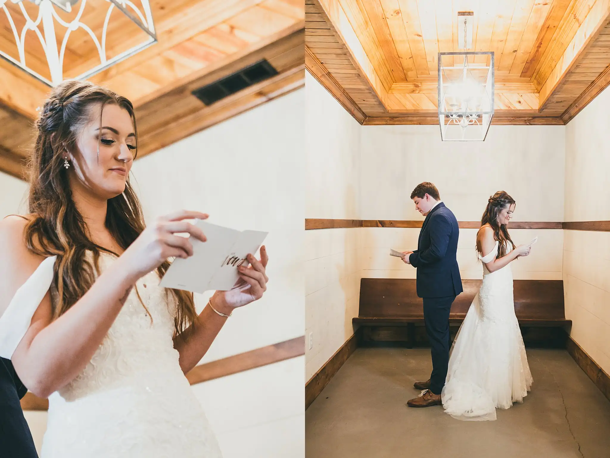Barn at Harper Pines Wedding Thomaston, GA Atlanta Wedding Photographers First Look: the bride reading her letter, and the groom waiting, before their wedding at the Barn at Harper Pines in Thomaston, GA