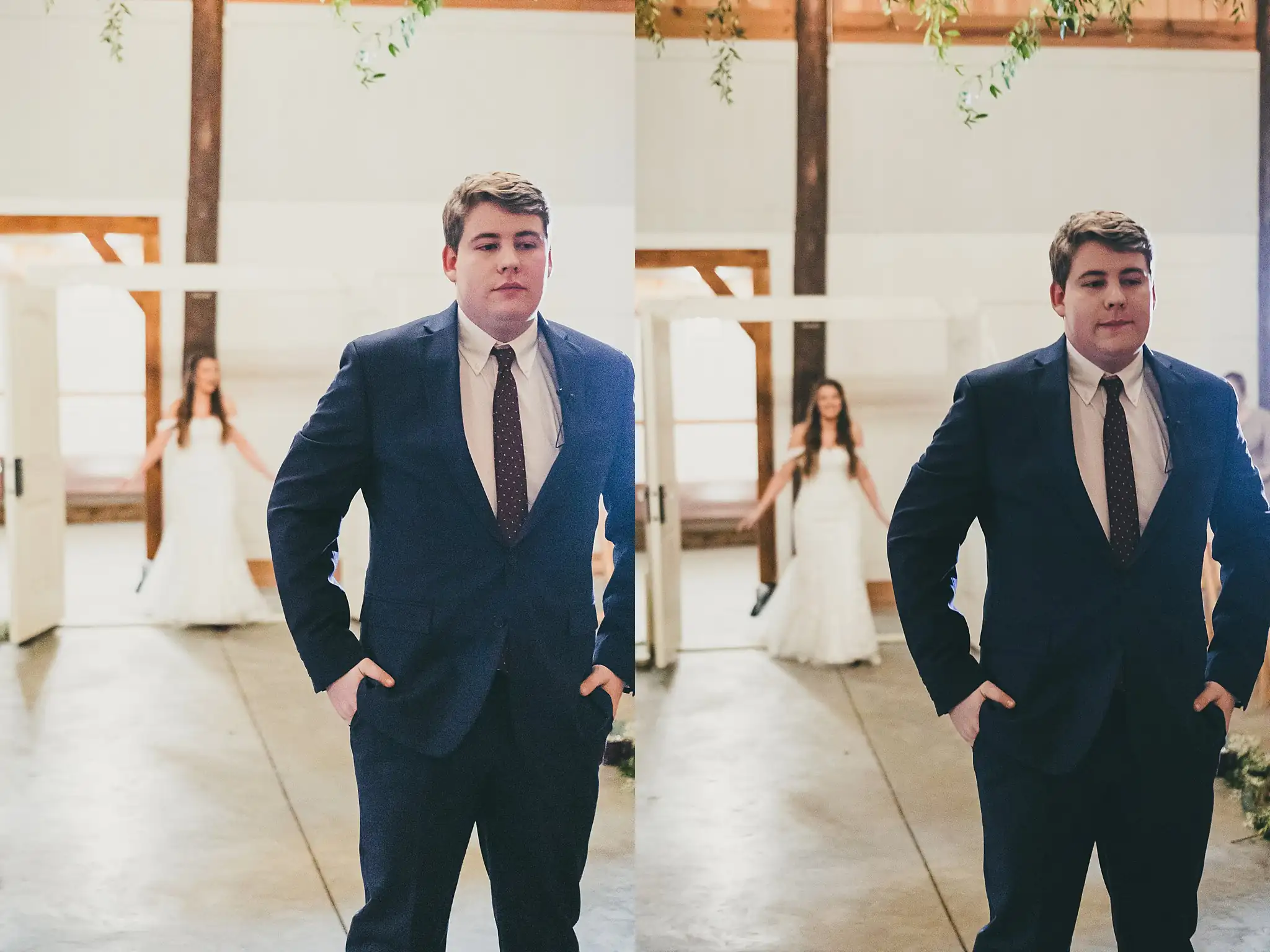 Barn at Harper Pines Wedding Thomaston, GA Atlanta Wedding Photographers First Look: the groom waiting as the bride walks up behind him, before their wedding at the Barn at Harper Pines in Thomaston, GA