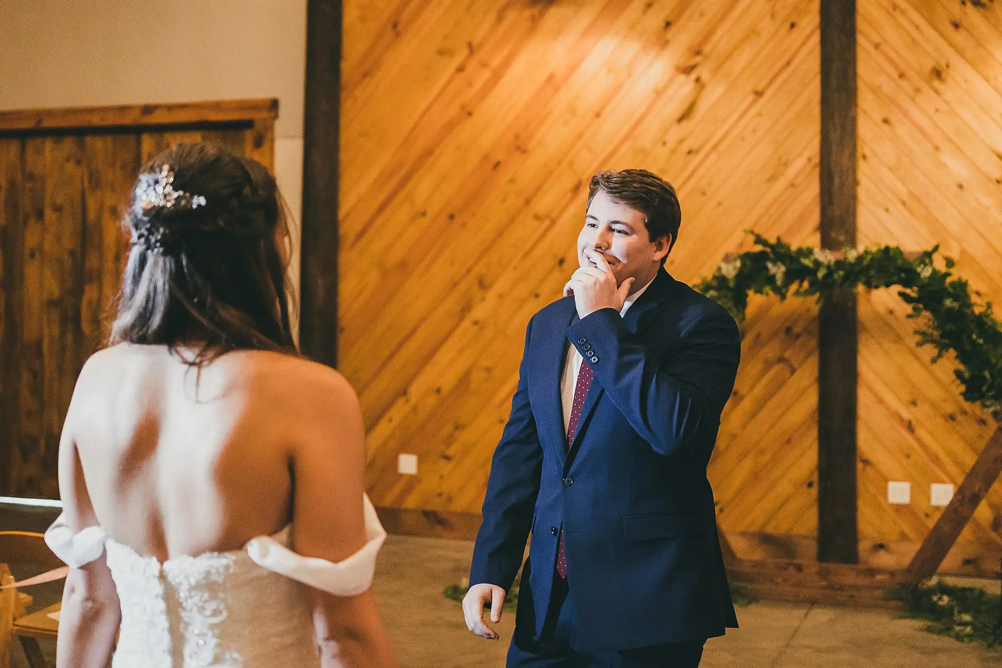 Barn at Harper Pines Wedding Thomaston, GA Atlanta Wedding Photographers First Look: the groom's reaction on turning to see his bride, before their wedding at the Barn at Harper Pines in Thomaston, GA