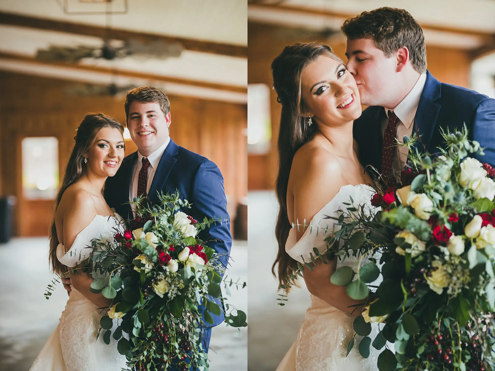 Wedding Formals: the groom kissing the bride's temple as she holds her bouquet, at their wedding at the Barn at Harper Pines in Thomaston, GA