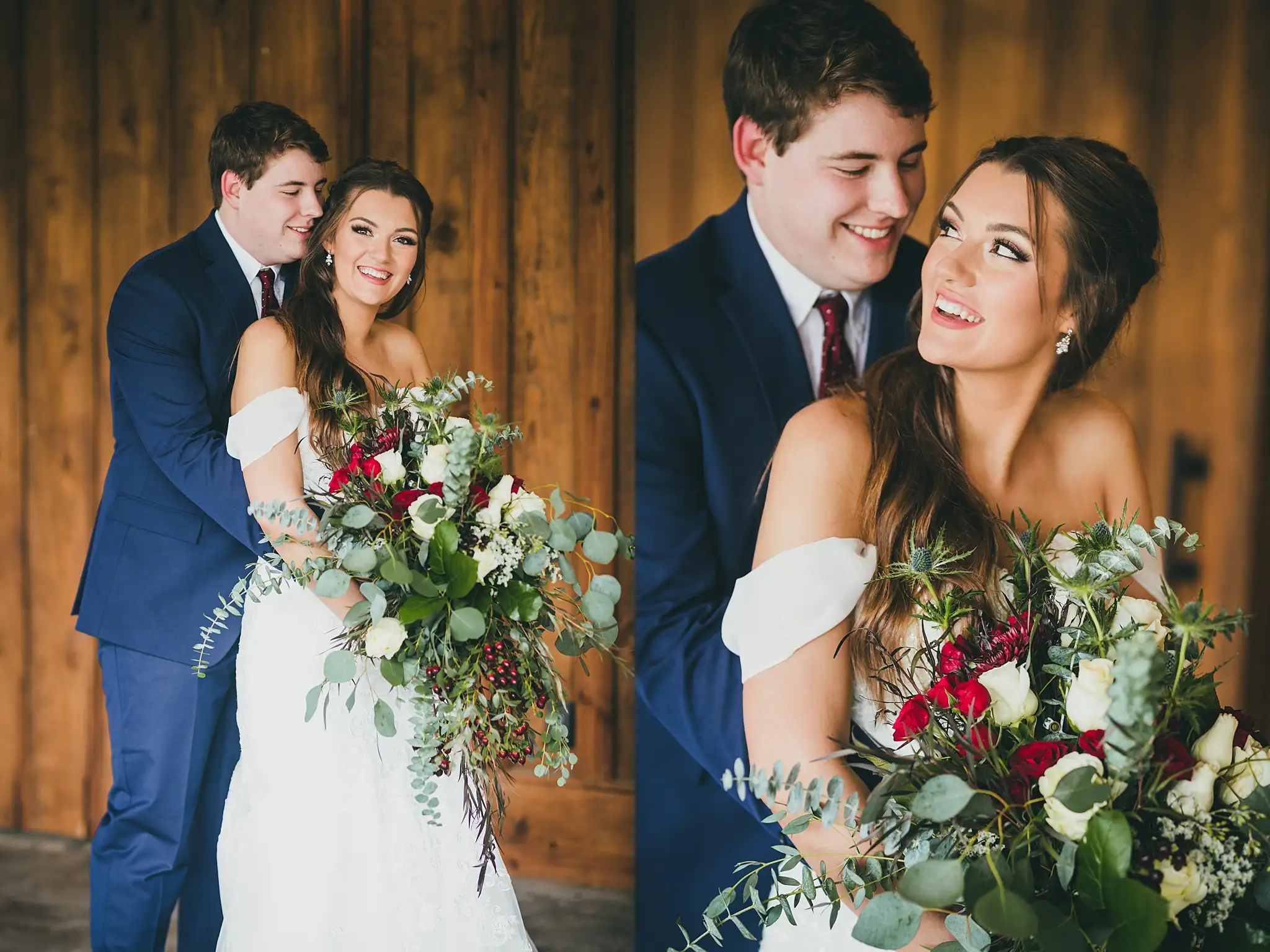 Barn at Harper Pines Wedding Thomaston, GA Atlanta Wedding Photographers Wedding Formals: the couple together with the bride's bouquet, at their wedding at the Barn at Harper Pines in Thomaston, GA