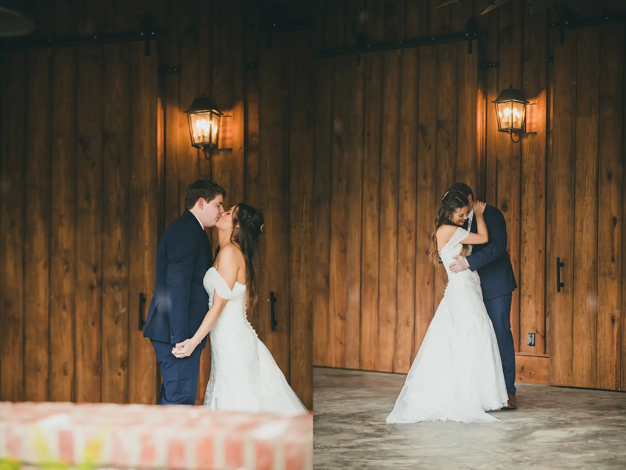 Barn at Harper Pines Wedding Thomaston, GA Atlanta Wedding Photographers Wedding Formals: the couple kissing by the barn doors, at their wedding at the Barn at Harper Pines in Thomaston, GA