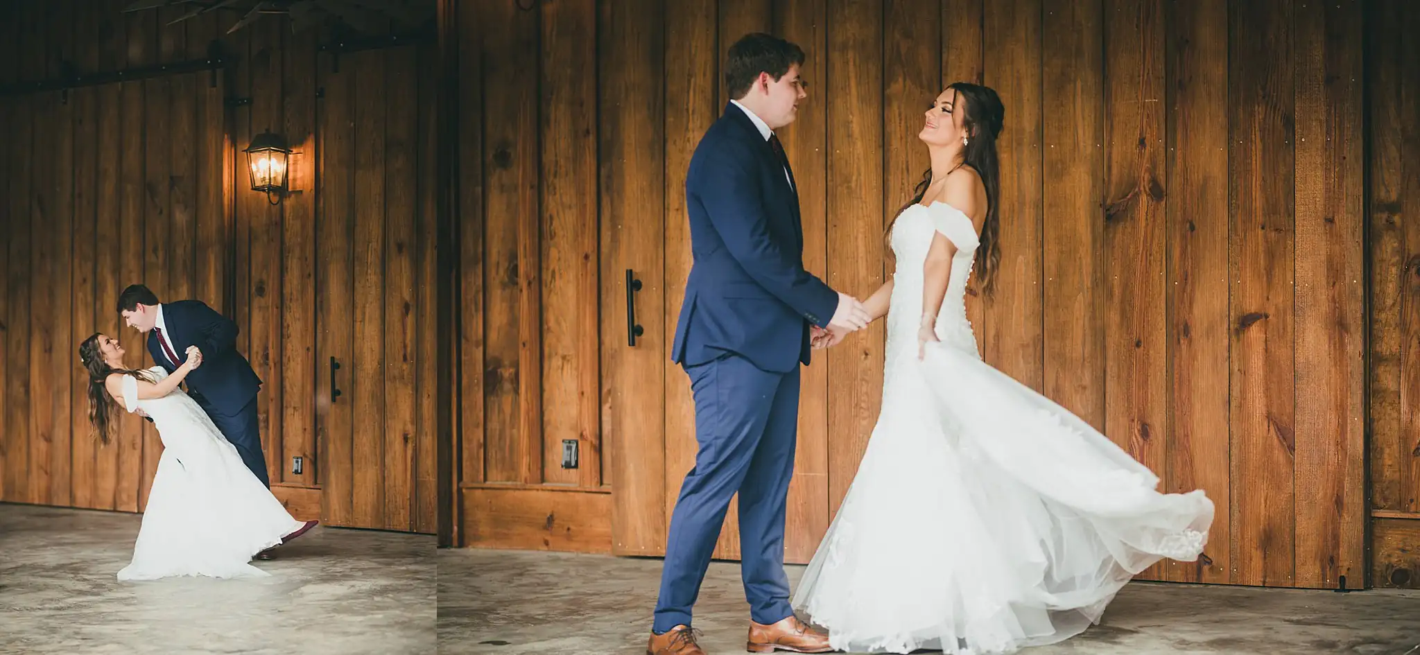Barn at Harper Pines Wedding Thomaston, GA Atlanta Wedding Photographers Wedding Formals: the couple dancing against the barn wall, at their wedding at the Barn at Harper Pines in Thomaston, GA