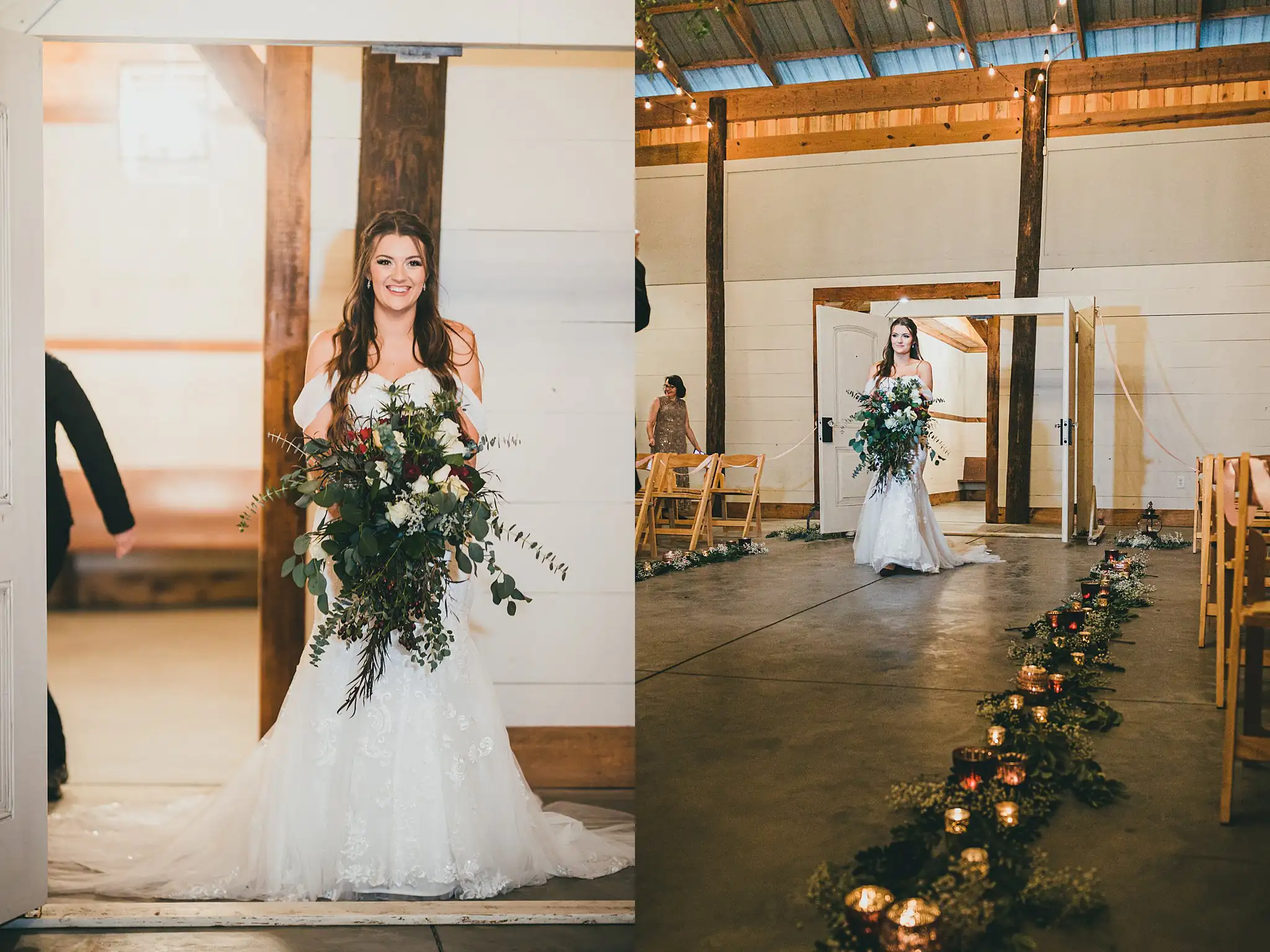 Barn at Harper Pines Wedding Thomaston, GA Atlanta Wedding Photographers Bridal Portraits: the bride with her bouquet by the ceremony aisle, at their wedding at the Barn at Harper Pines in Thomaston, GA