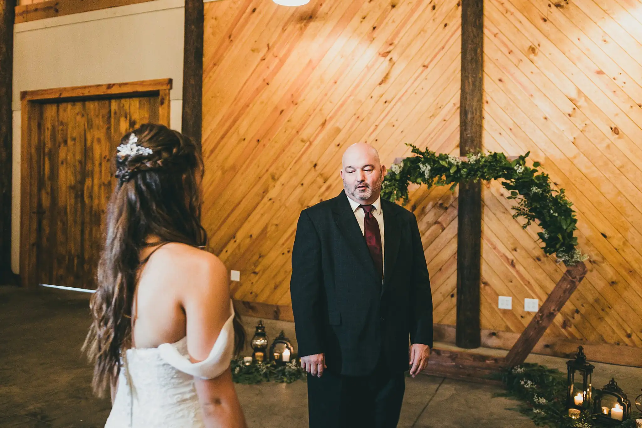 Barn at Harper Pines Wedding Thomaston, GA Atlanta Wedding Photographers First Look: the bride with her father, before their wedding at the Barn at Harper Pines in Thomaston, GA