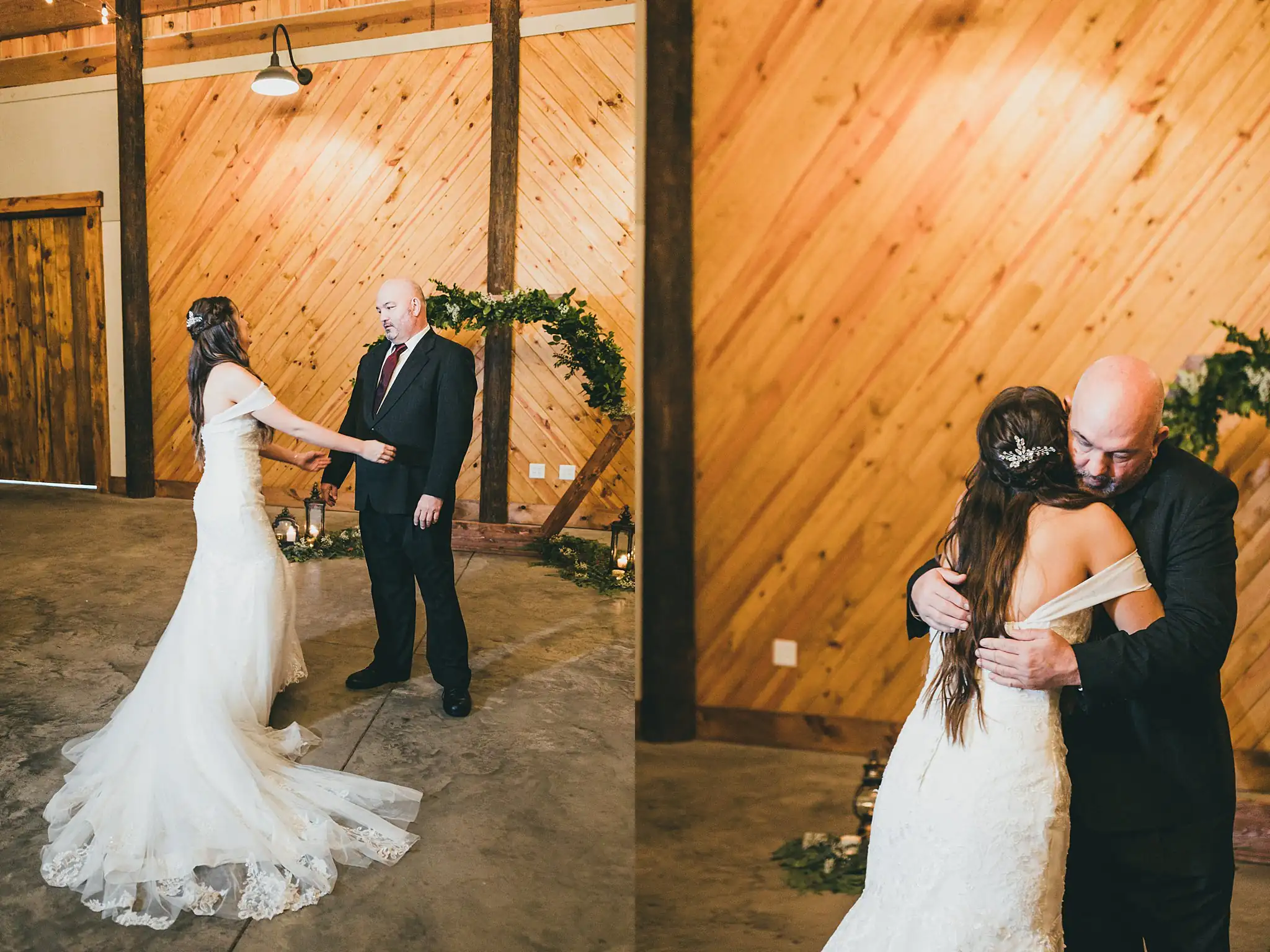 Barn at Harper Pines Wedding Thomaston, GA Atlanta Wedding Photographers First Look: the bride's father seeing her in her gown, before their wedding at the Barn at Harper Pines in Thomaston, GA