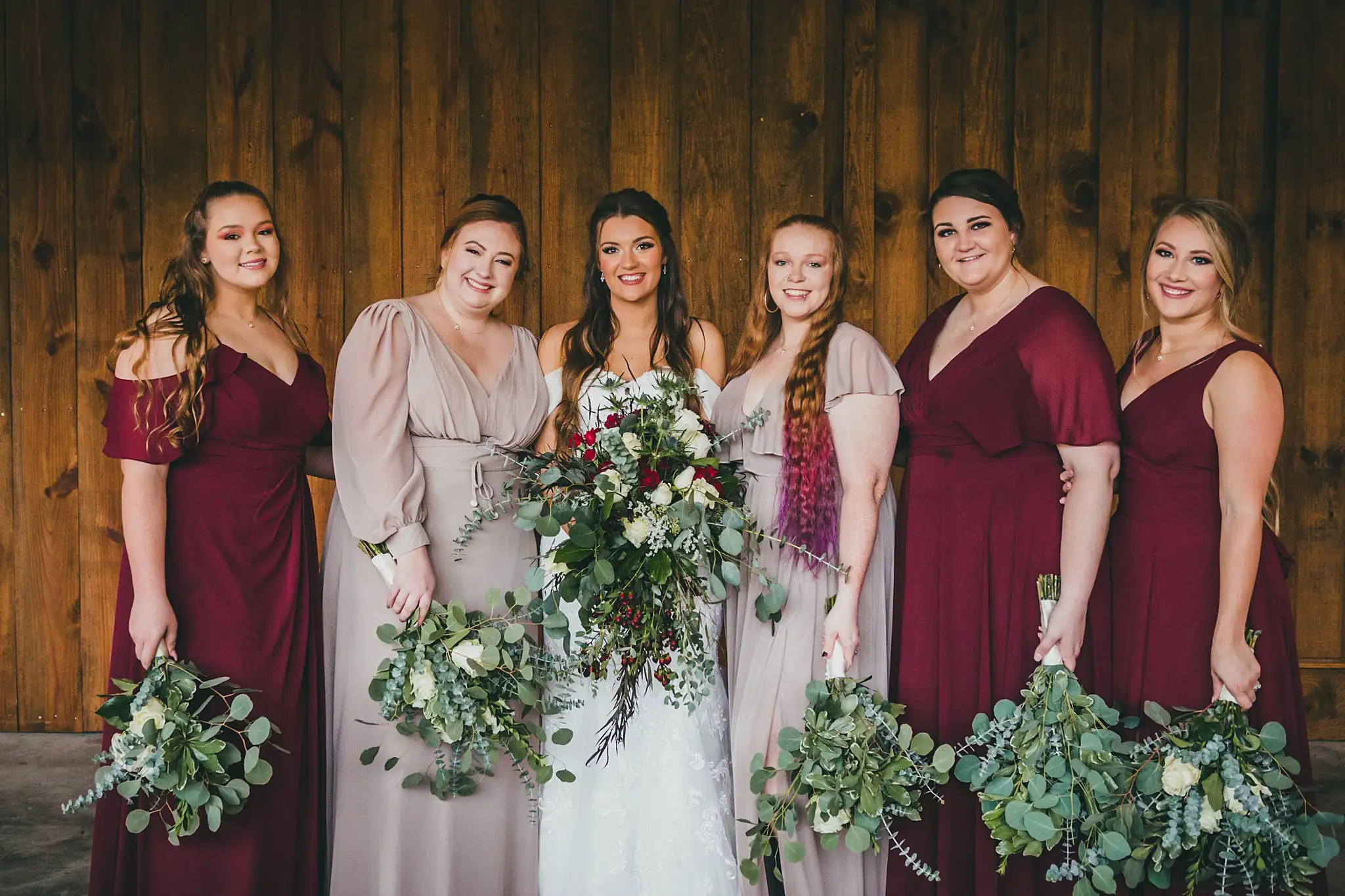 Barn at Harper Pines Wedding Thomaston, GA Atlanta Wedding Photographers Wedding Party: the bridesmaids gathered with the bride, at their wedding at the Barn at Harper Pines in Thomaston, GA
