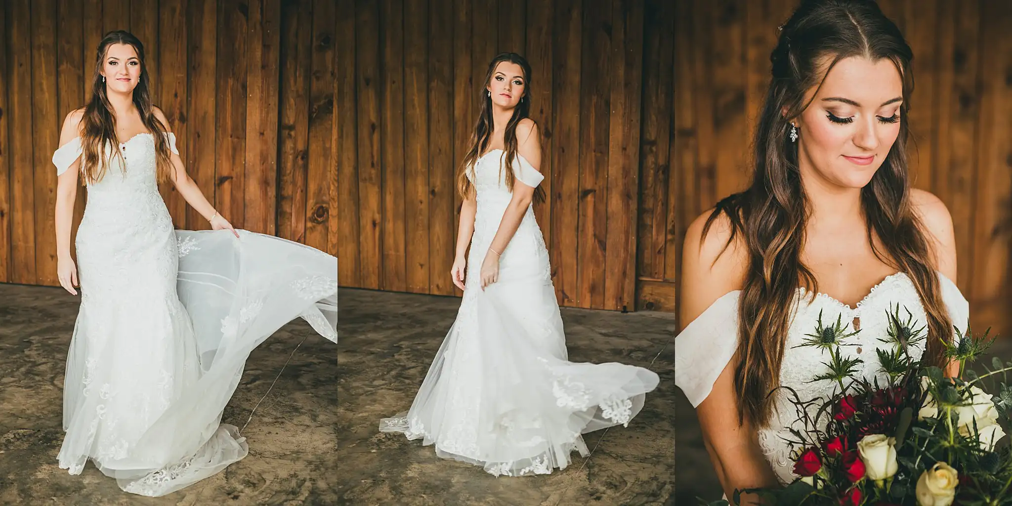 Barn at Harper Pines Wedding Thomaston, GA Atlanta Wedding Photographers Bridal Portraits: the bride in her lace gown holding her bouquet, at their wedding at the Barn at Harper Pines in Thomaston, GA
