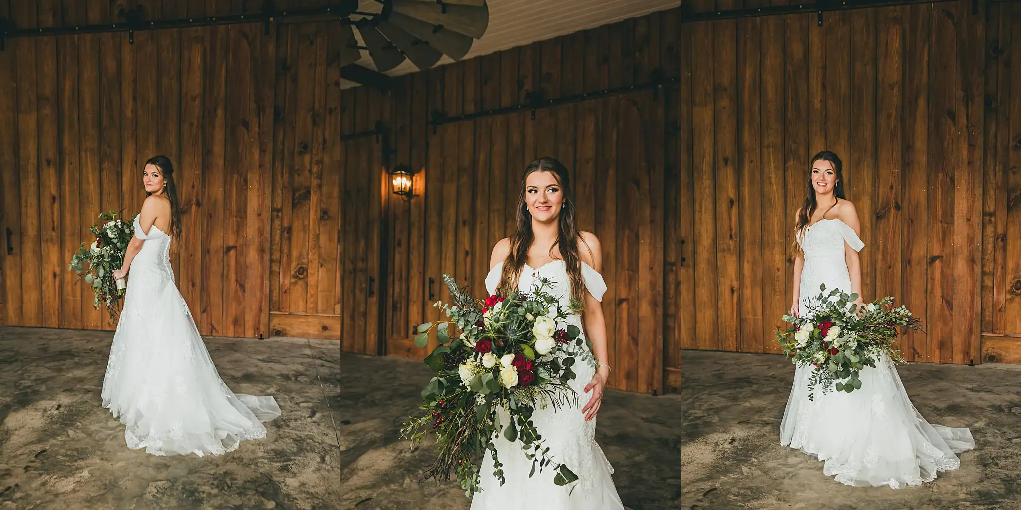 Barn at Harper Pines Wedding Thomaston, GA Atlanta Wedding Photographers Bridal Portraits: the bride with her bouquet in the barn, at their wedding at the Barn at Harper Pines in Thomaston, GA