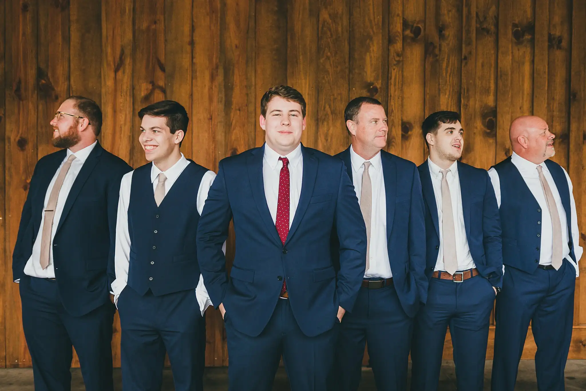 Barn at Harper Pines Wedding Thomaston, GA Atlanta Wedding Photographers Wedding Party: the groom and his groomsmen together, at their wedding at the Barn at Harper Pines in Thomaston, GA