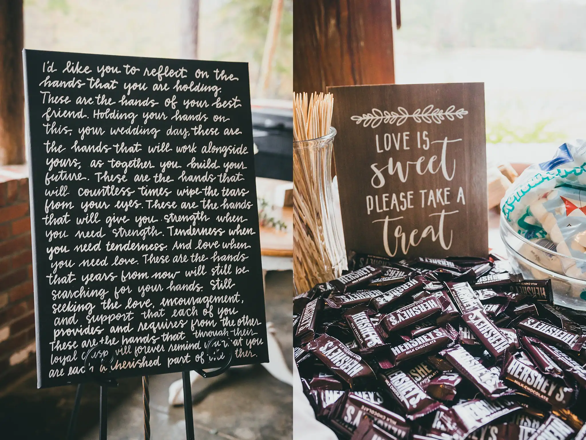 Barn at Harper Pines Wedding Thomaston, GA Atlanta Wedding Photographers Reception Details: a hand-lettered sign above the candy table, at a wedding at the Barn at Harper Pines in Thomaston, GA