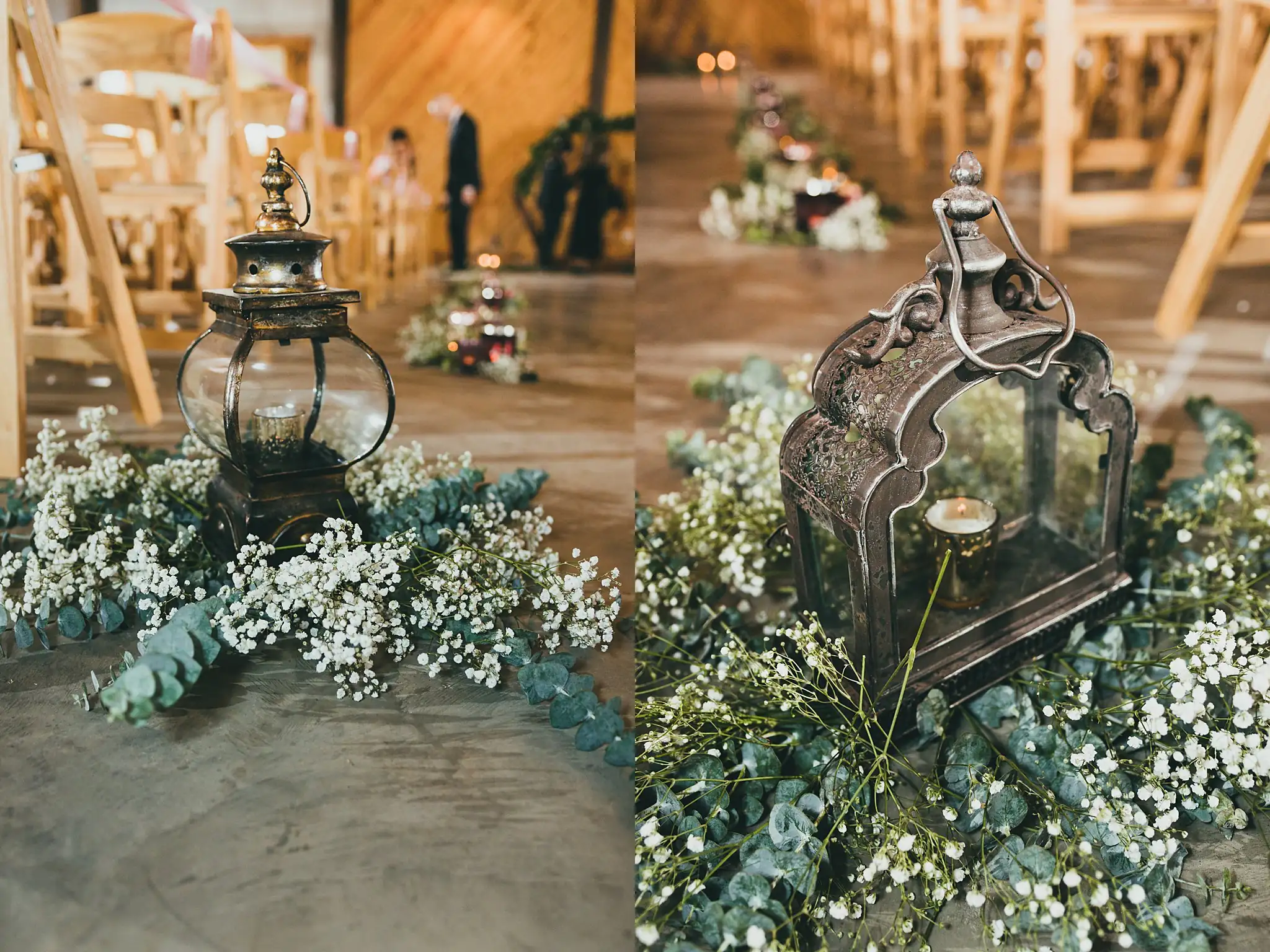 Barn at Harper Pines Wedding Thomaston, GA Atlanta Wedding Photographers Wedding Details: lanterns with baby's breath and eucalyptus along the aisle, at a wedding at the Barn at Harper Pines in Thomaston, GA