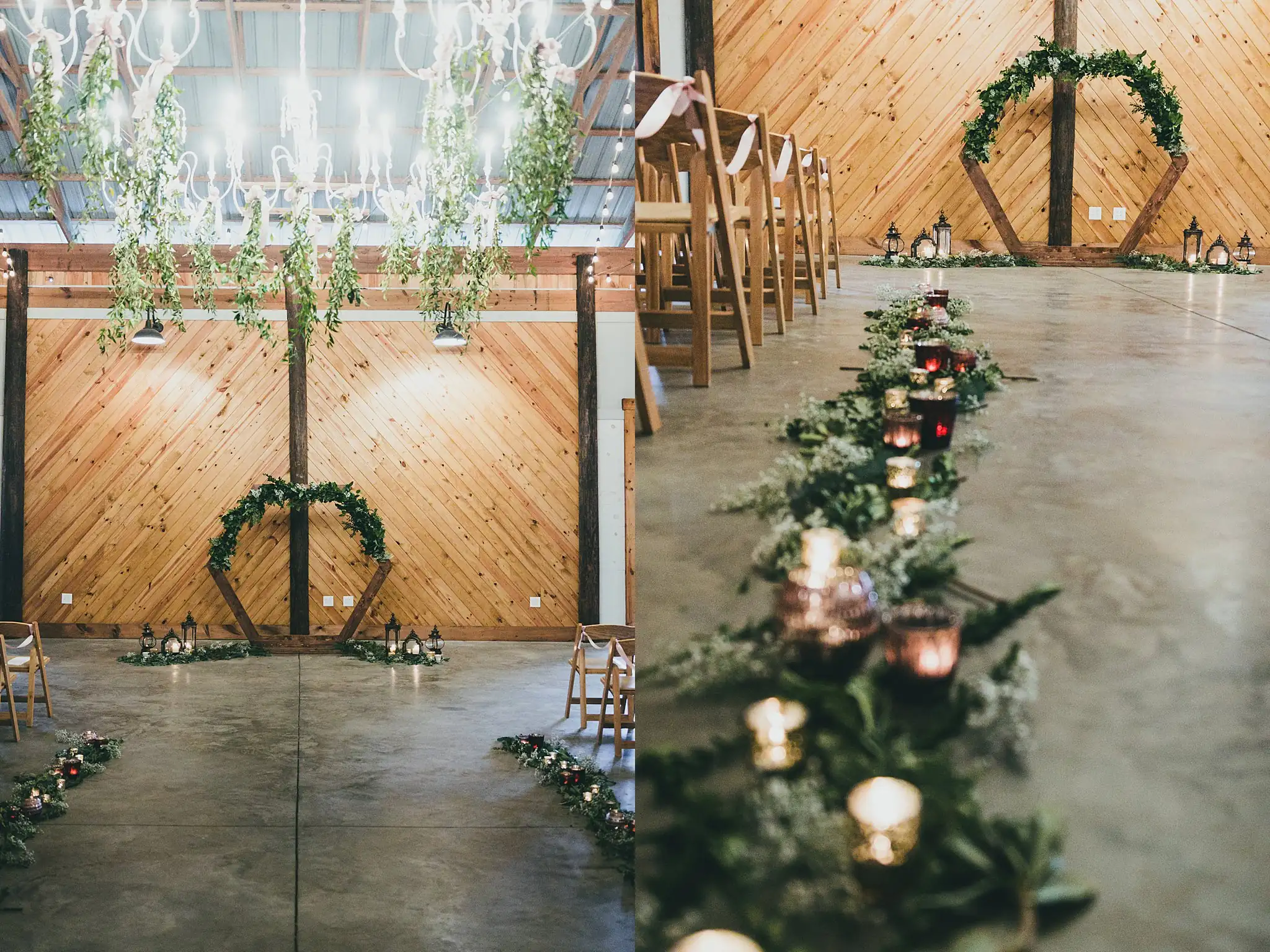 Barn at Harper Pines Wedding Thomaston, GA Atlanta Wedding Photographers Wedding Ceremony: the aisle lined with greenery and lanterns, at their wedding at the Barn at Harper Pines in Thomaston, GA