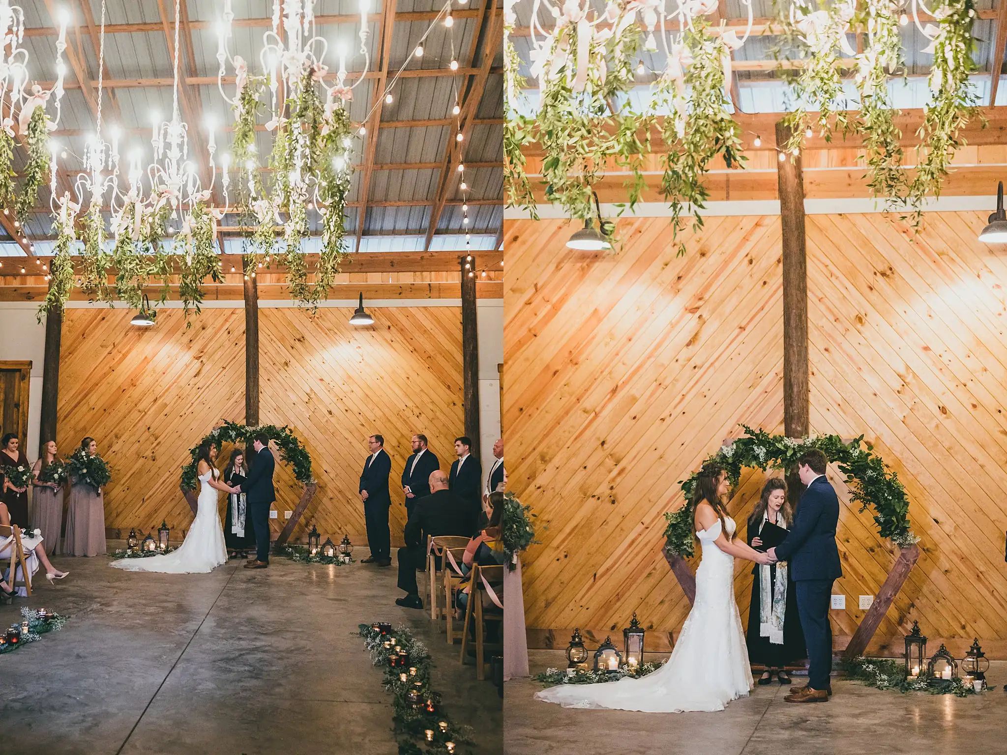 Barn at Harper Pines Wedding Thomaston, GA Atlanta Wedding Photographers Wedding Ceremony: the ceremony beneath the string lights and greenery, at their wedding at the Barn at Harper Pines in Thomaston, GA