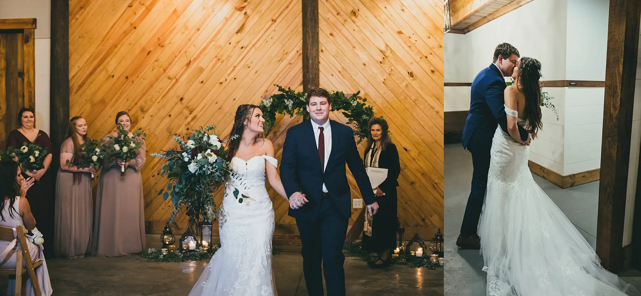 Barn at Harper Pines Wedding Thomaston, GA Atlanta Wedding Photographers Recessional: the couple back up the aisle after the ceremony, at their wedding at the Barn at Harper Pines in Thomaston, GA