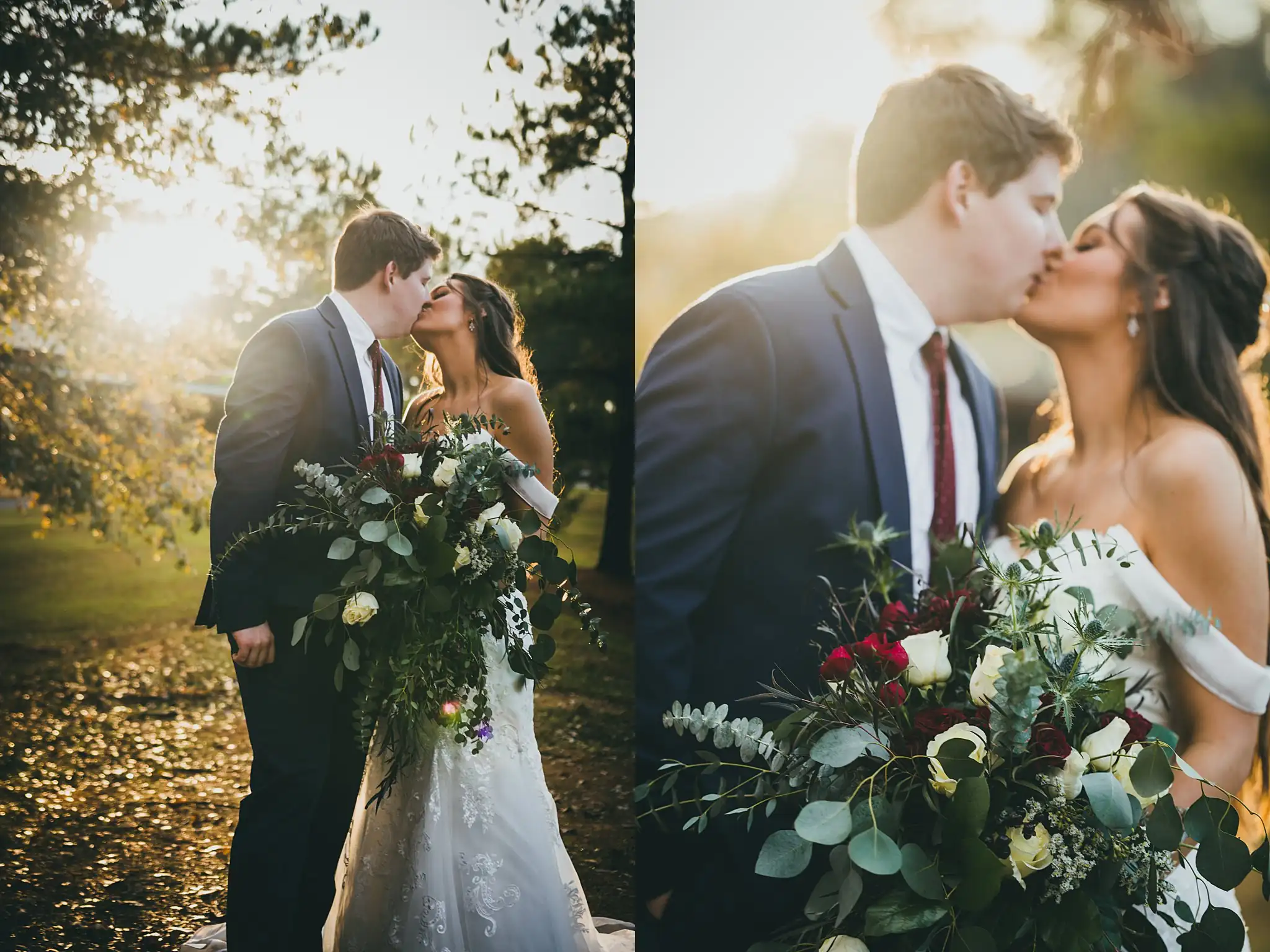 Barn at Harper Pines Wedding Thomaston, GA Atlanta Wedding Photographers Wedding Formals: the couple at golden hour by the water, at their wedding at the Barn at Harper Pines in Thomaston, GA