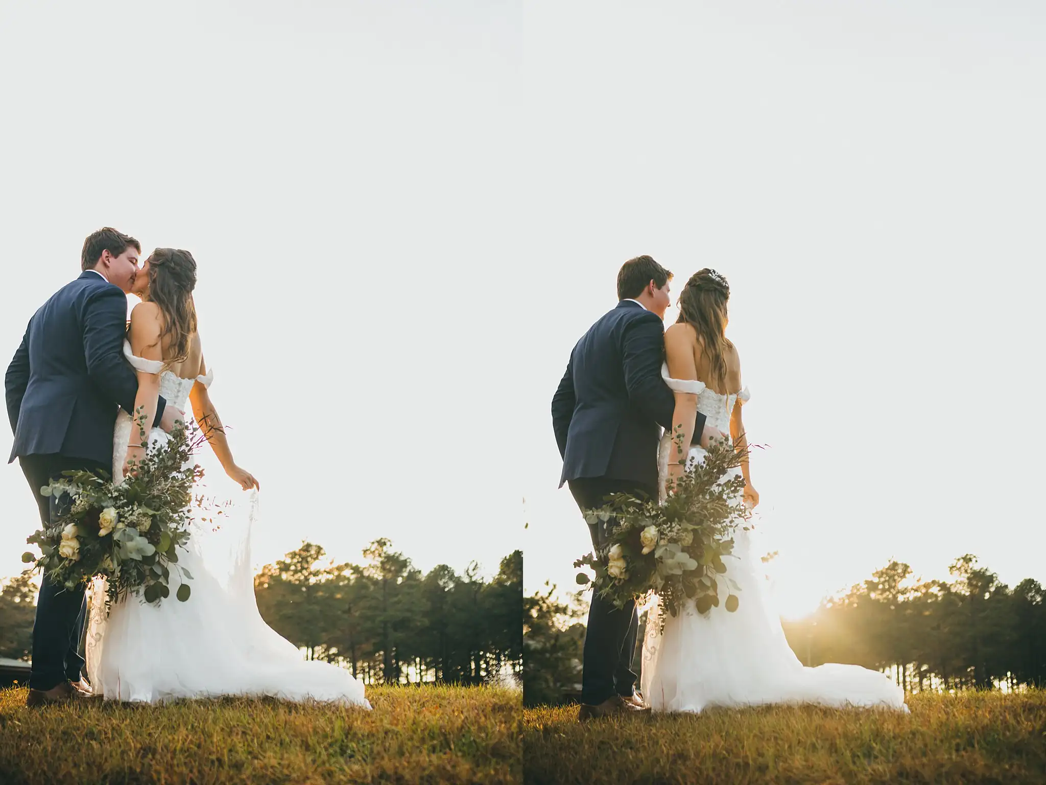 Barn at Harper Pines Wedding Thomaston, GA Atlanta Wedding Photographers Wedding Formals: the couple against the setting sun, at their wedding at the Barn at Harper Pines in Thomaston, GA