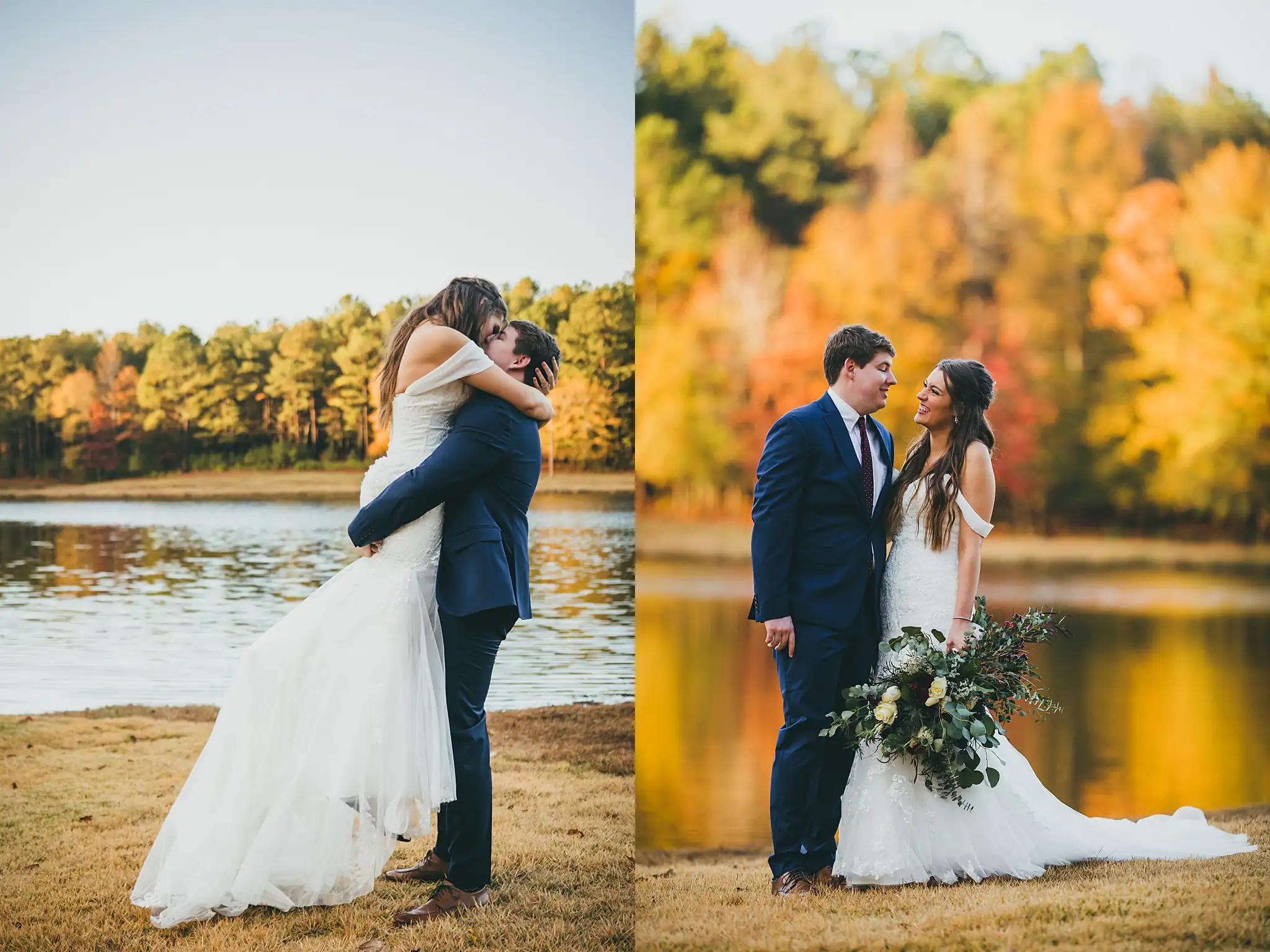 Barn at Harper Pines Wedding Thomaston, GA Atlanta Wedding Photographers Wedding Formals: the groom lifting the bride by the lake in autumn, at their wedding at the Barn at Harper Pines in Thomaston, GA