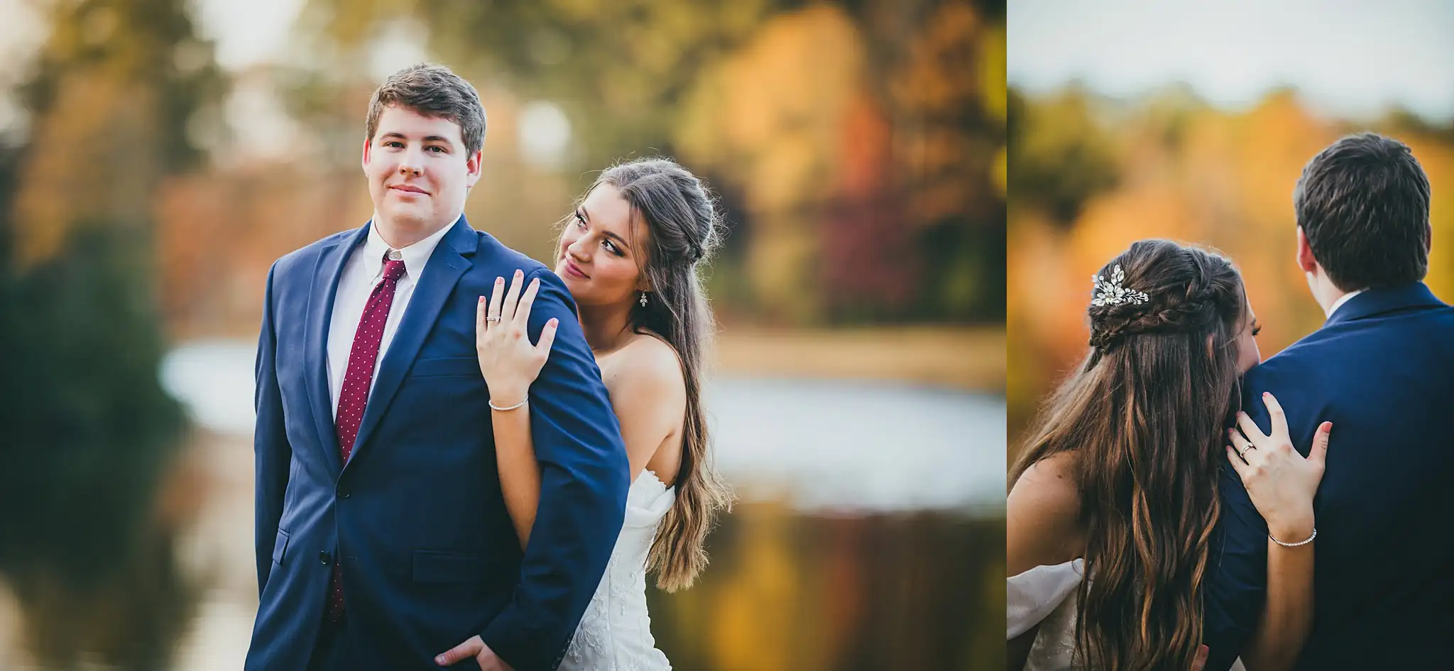 Barn at Harper Pines Wedding Thomaston, GA Atlanta Wedding Photographers Wedding Formals: portraits of the couple by the lake in autumn, at their wedding at the Barn at Harper Pines in Thomaston, GA