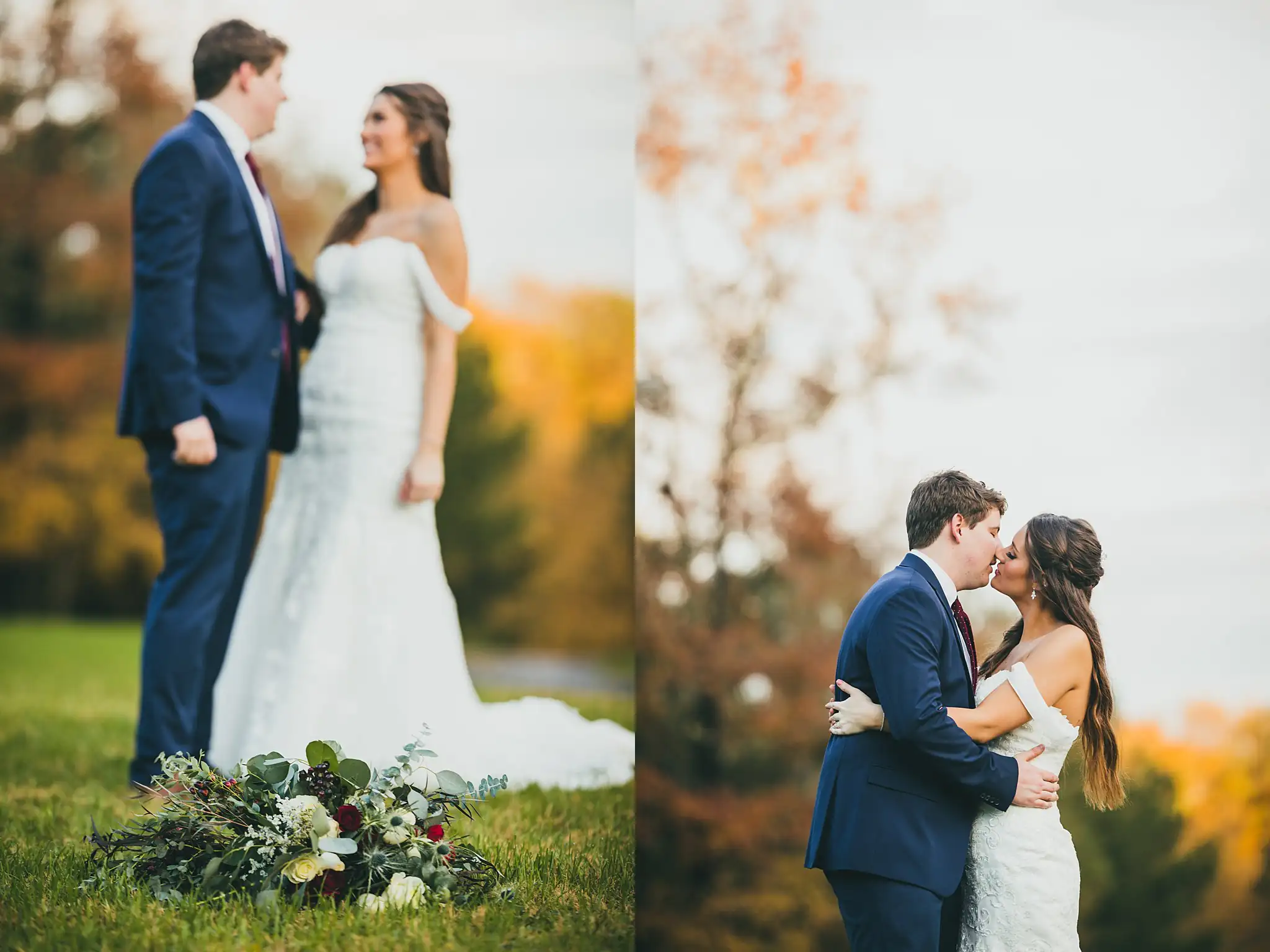 Barn at Harper Pines Wedding Thomaston, GA Atlanta Wedding Photographers Wedding Formals: the couple in the autumn field, at their wedding at the Barn at Harper Pines in Thomaston, GA