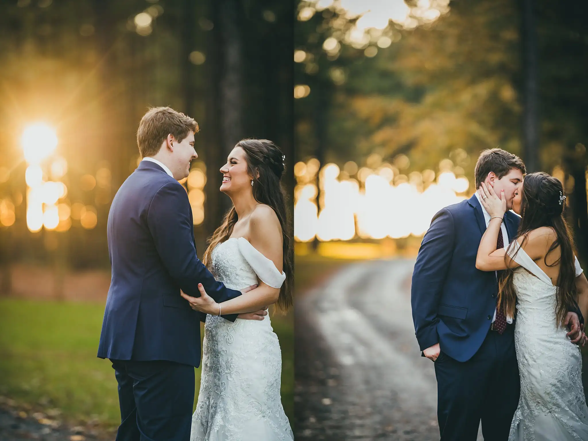 Barn at Harper Pines Wedding Thomaston, GA Atlanta Wedding Photographers Wedding Formals: the couple on the drive at golden hour, at their wedding at the Barn at Harper Pines in Thomaston, GA