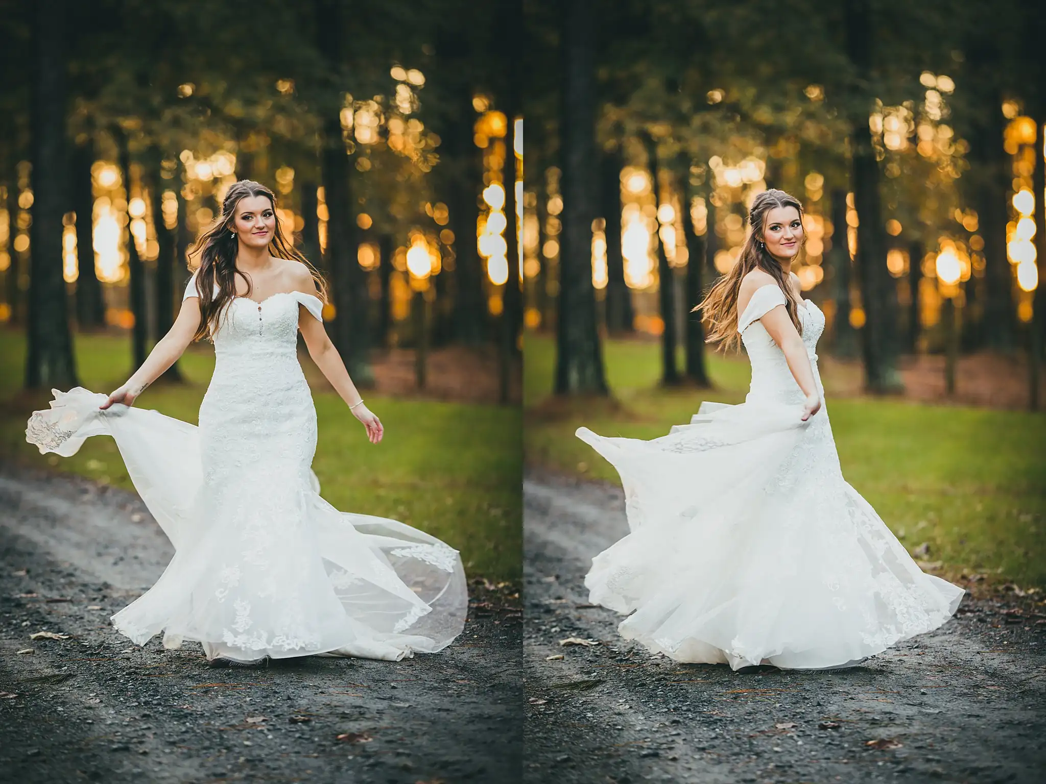 Barn at Harper Pines Wedding Thomaston, GA Atlanta Wedding Photographers Bridal Portraits: the bride turning her gown on the drive at sunset, at their wedding at the Barn at Harper Pines in Thomaston, GA