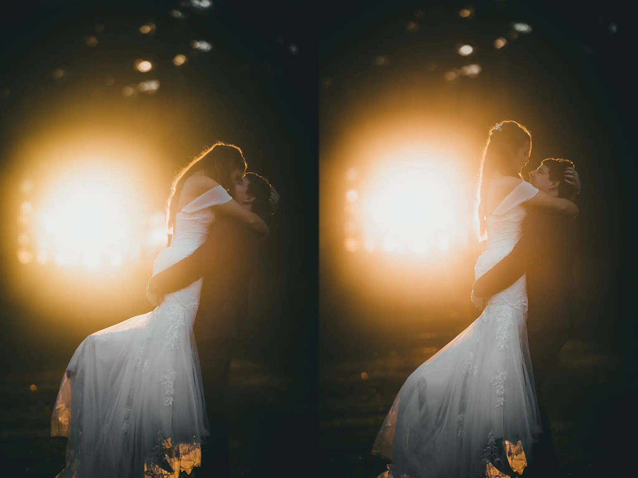 Barn at Harper Pines Wedding Thomaston, GA Atlanta Wedding Photographers Wedding Formals: the groom dipping the bride against the night lights, at their wedding at the Barn at Harper Pines in Thomaston, GA