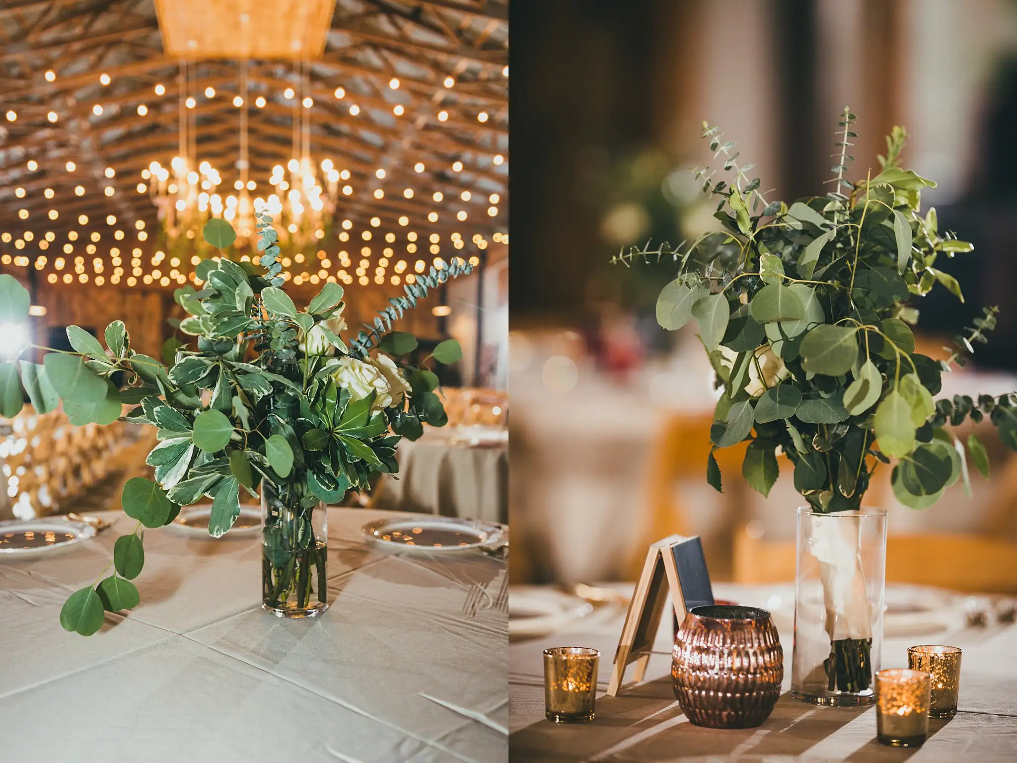 Barn at Harper Pines Wedding Thomaston, GA Atlanta Wedding Photographers Reception Details: eucalyptus centerpieces under the string lights, at a wedding at the Barn at Harper Pines in Thomaston, GA