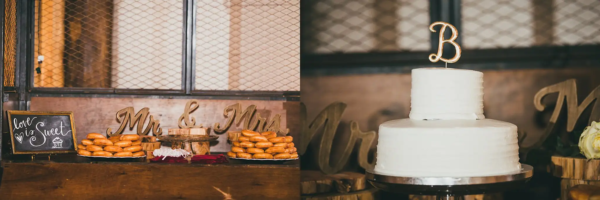 Barn at Harper Pines Wedding Thomaston, GA Atlanta Wedding Photographers Reception Details: the wedding cake and the dessert table, at a wedding at the Barn at Harper Pines in Thomaston, GA