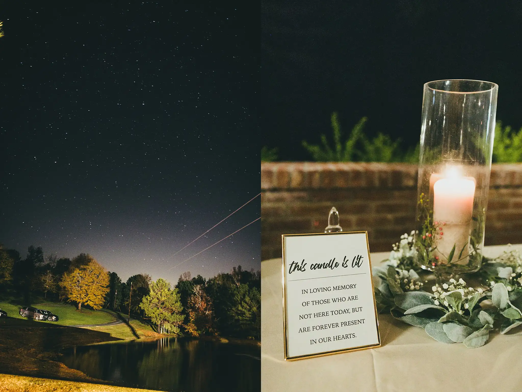 Barn at Harper Pines Wedding Thomaston, GA Atlanta Wedding Photographers Reception Details: a candle and a memorial sign for family no longer here, at a wedding at the Barn at Harper Pines in Thomaston, GA