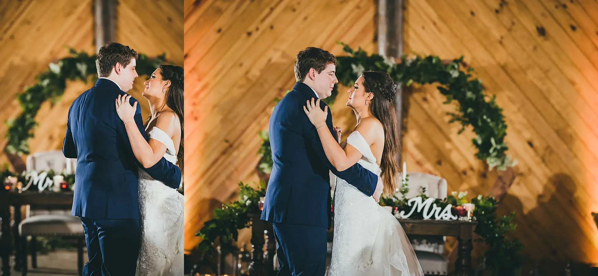 Barn at Harper Pines Wedding Thomaston, GA Atlanta Wedding Photographers First Dance: the couple beneath the greenery arch, at their wedding at the Barn at Harper Pines in Thomaston, GA