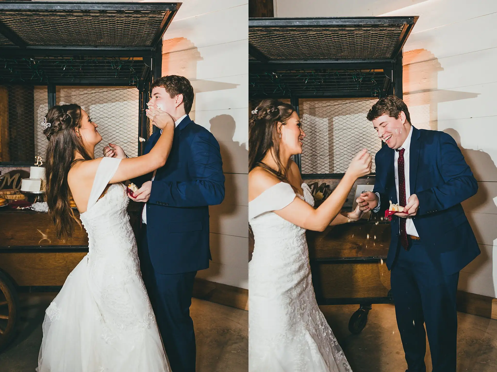 Barn at Harper Pines Wedding Thomaston, GA Atlanta Wedding Photographers Cake Cutting: the couple feeding each other wedding cake, at their wedding at the Barn at Harper Pines in Thomaston, GA
