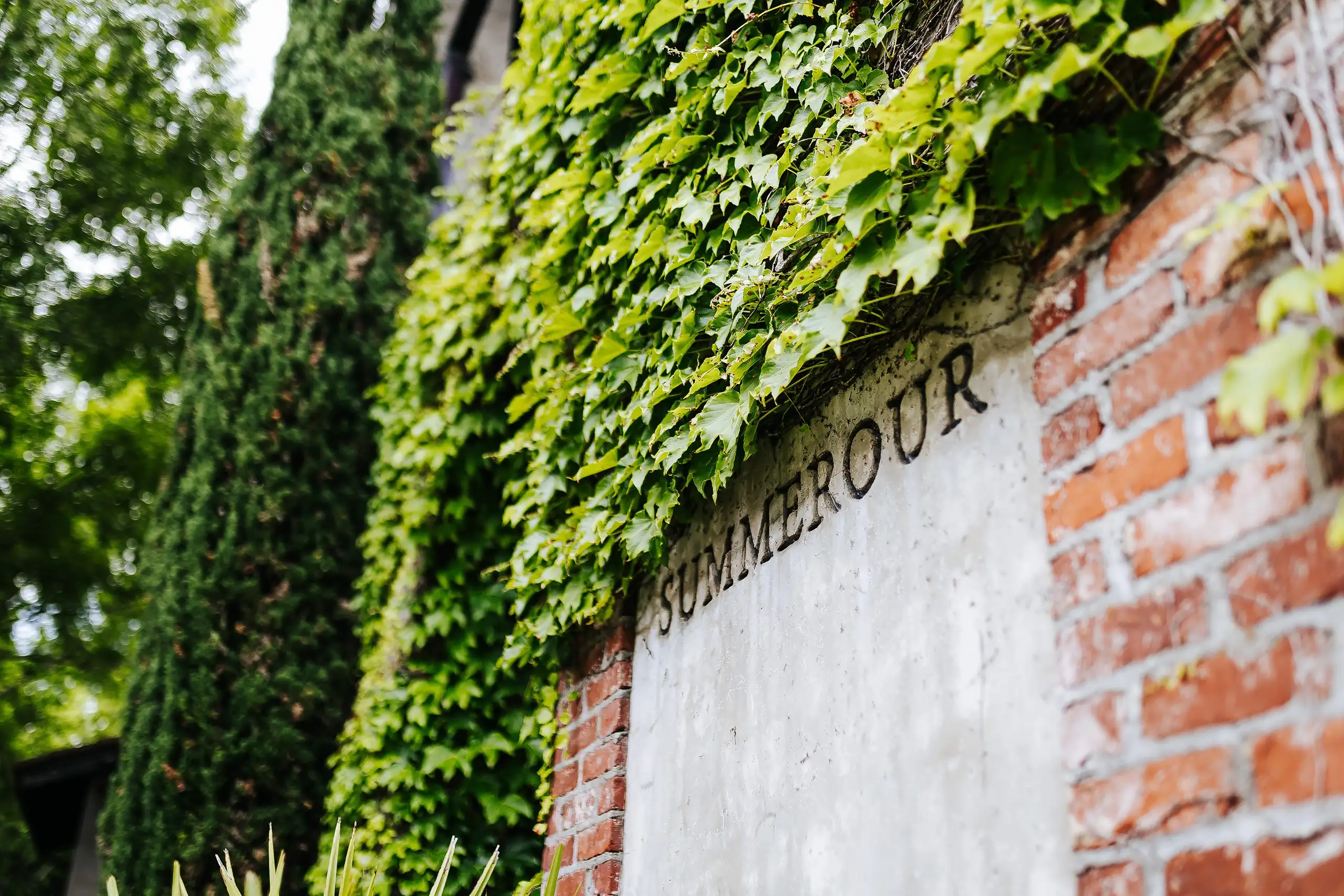 Wedding Details: the Summerour sign on the ivy-covered brick wall, at a wedding at Summerour Studio in Atlanta, GA